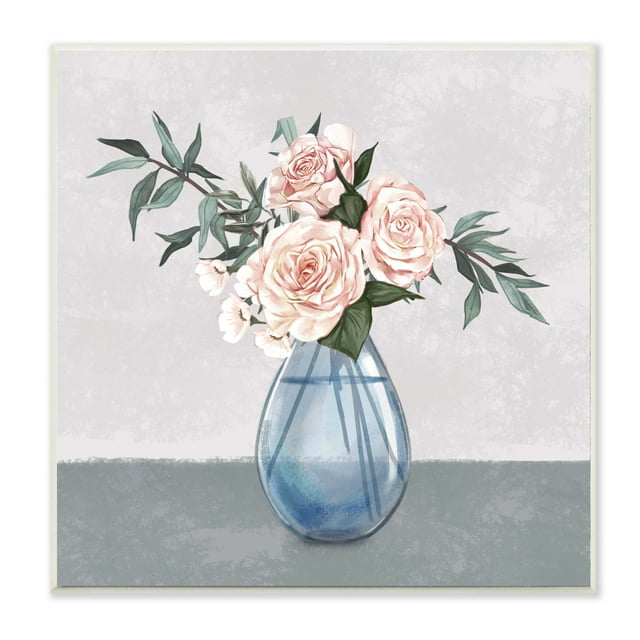 Stupell Industries Pink Roses Blue Teardrop Vase Soft Florals,12 x 12,Designed by Ziwei Li