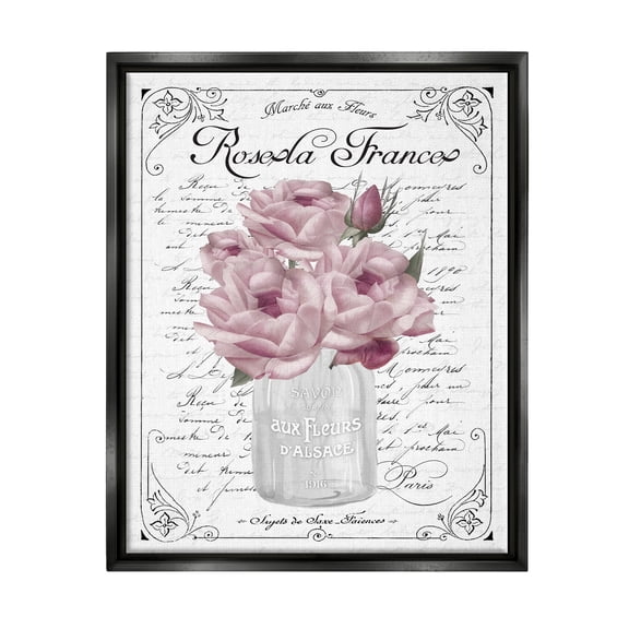 Stupell Industries Pink Roses Bouquet French Words Fancy Script Background Graphic Art Jet Black Floating Framed Canvas Print Wall Art, Design by Lettered and Lined