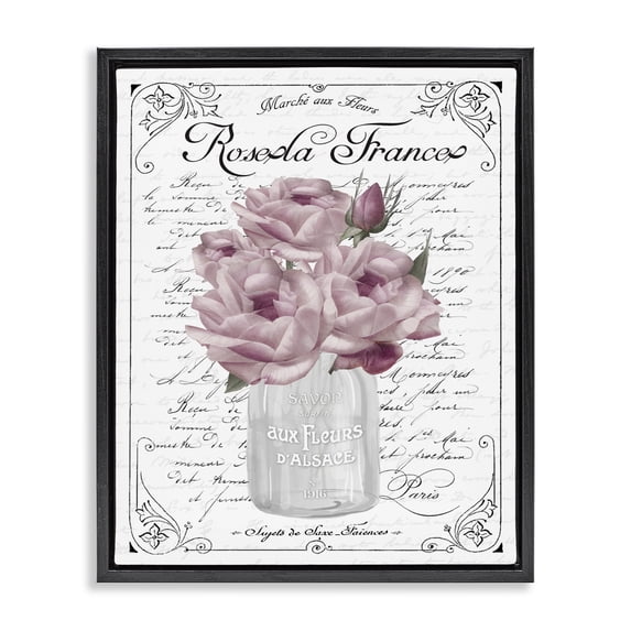 Stupell Industries Shabby Chic Pink Roses Bouquet French Words Fancy Script Background Black Floating Frame Canvas Art, 17 x 21, by Lettered and Lined