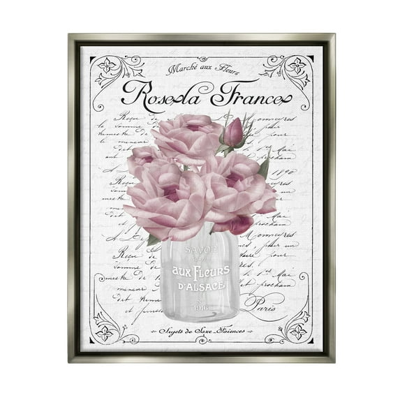 Stupell Industries Pink Roses Bouquet French Words Fancy Script Background Graphic Art Luster Gray Floating Framed Canvas Print Wall Art, Design by Lettered and Lined