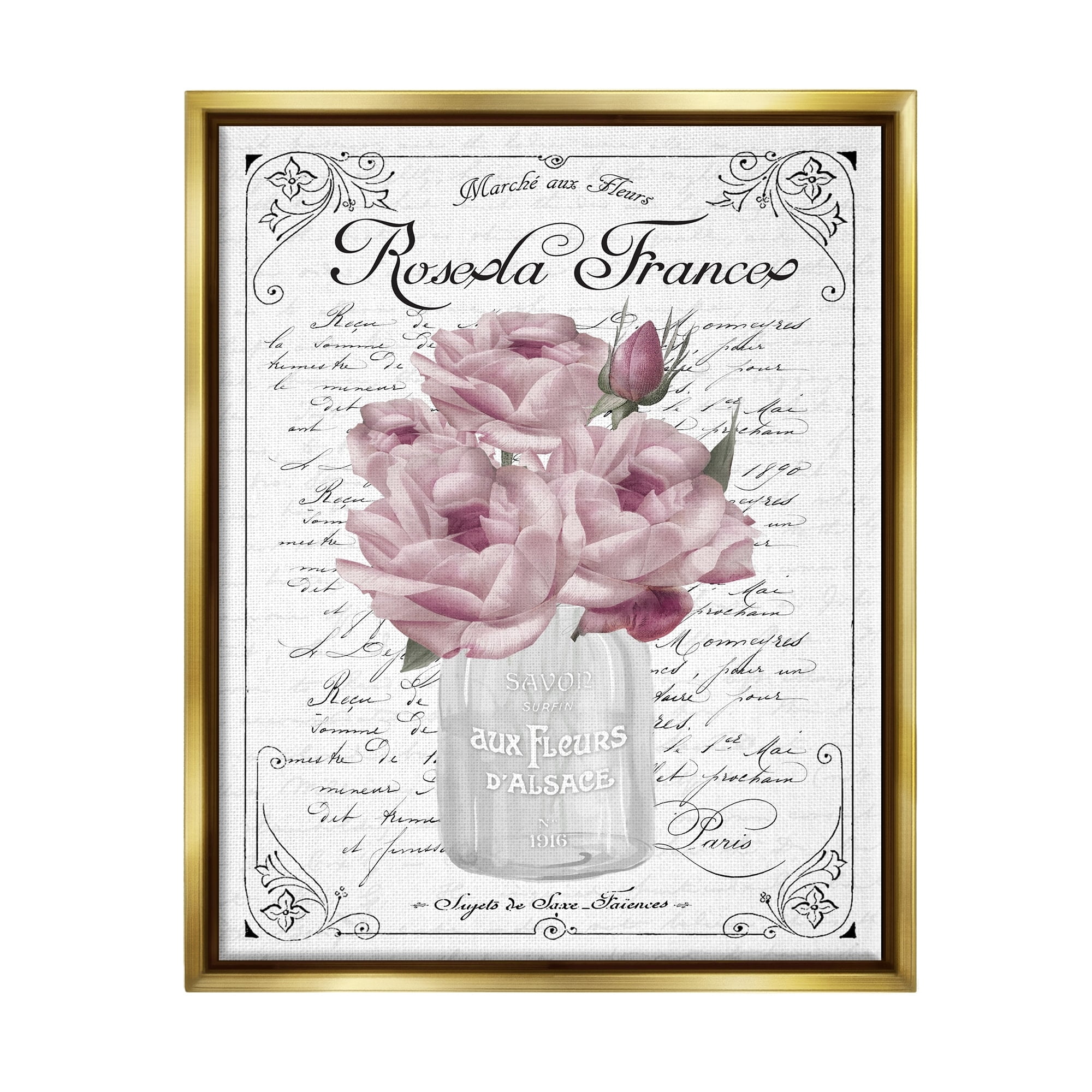 Stupell Industries Pink Roses Bouquet French Words Fancy Script Background Graphic Art Metallic Gold Floating Framed Canvas Print Wall Art, Design by Lettered and Lined