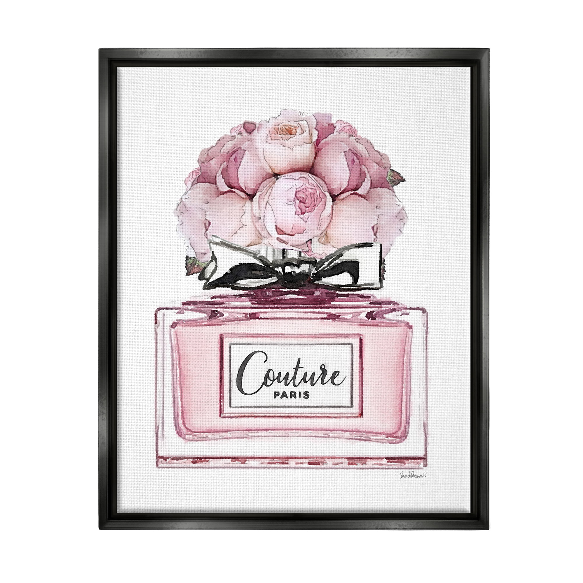 Stupell Industries Pink Roses Perfume Botanical & Floral Painting Black Floater Framed Canvas Art Print Wall Art, 17 x 21