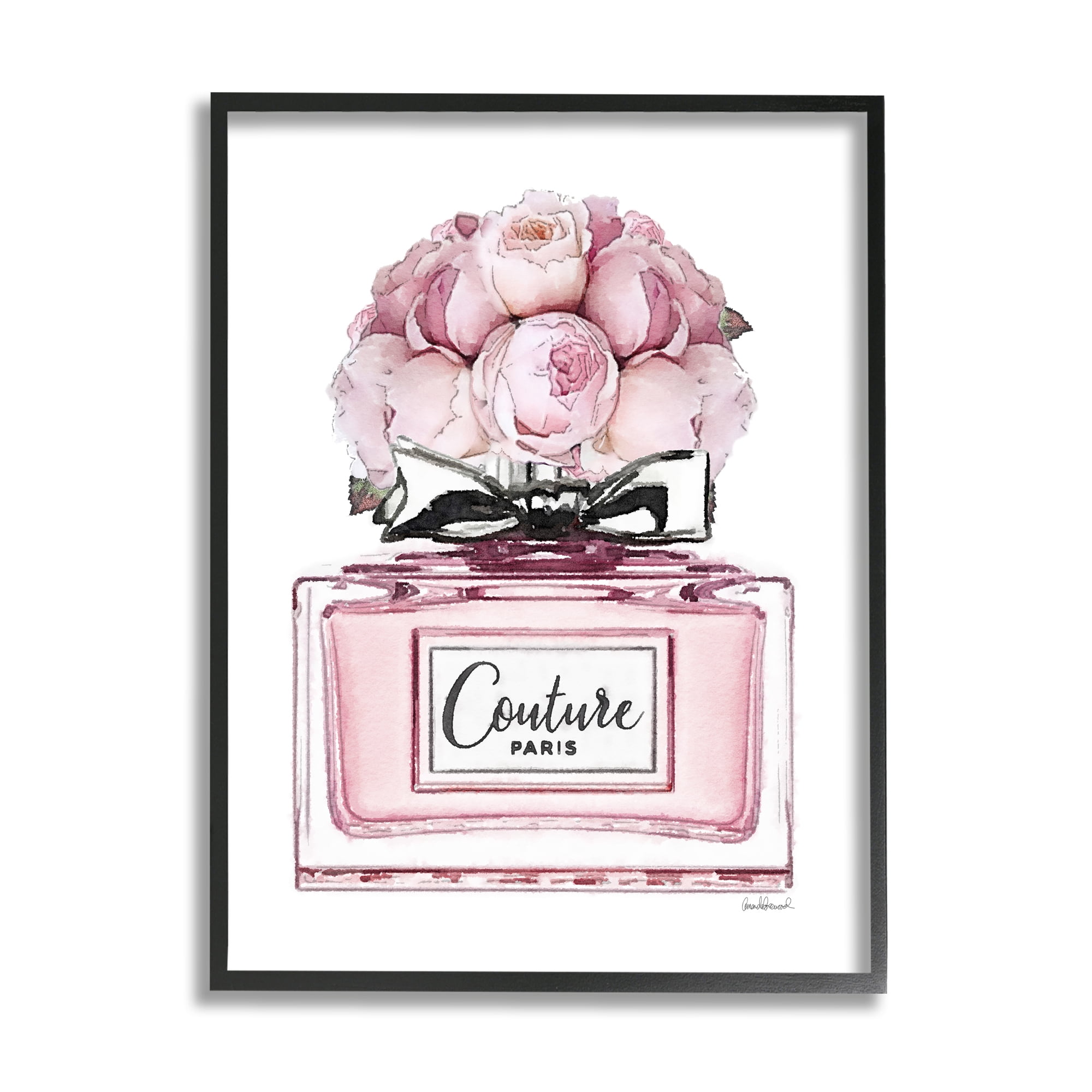 Stupell Industries Pink Roses Perfume Botanical & Floral Painting Black Framed Art Print Wall Art, 16 x 20