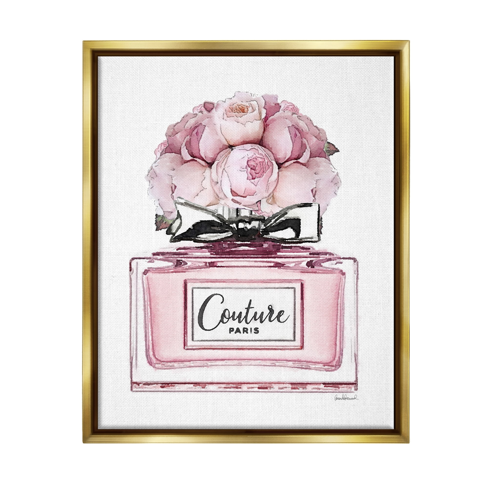 Stupell Industries Pink Roses Perfume Botanical & Floral Painting Gold Floater Framed Canvas Art Print Wall Art, 17 x 21