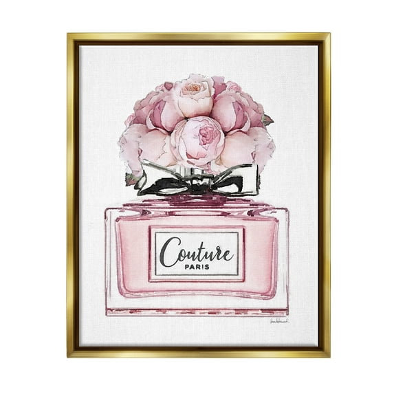 Stupell Industries Pink Roses Perfume Botanical & Floral Painting Gold Floater Framed Canvas Art Print Wall Art, 17 x 21