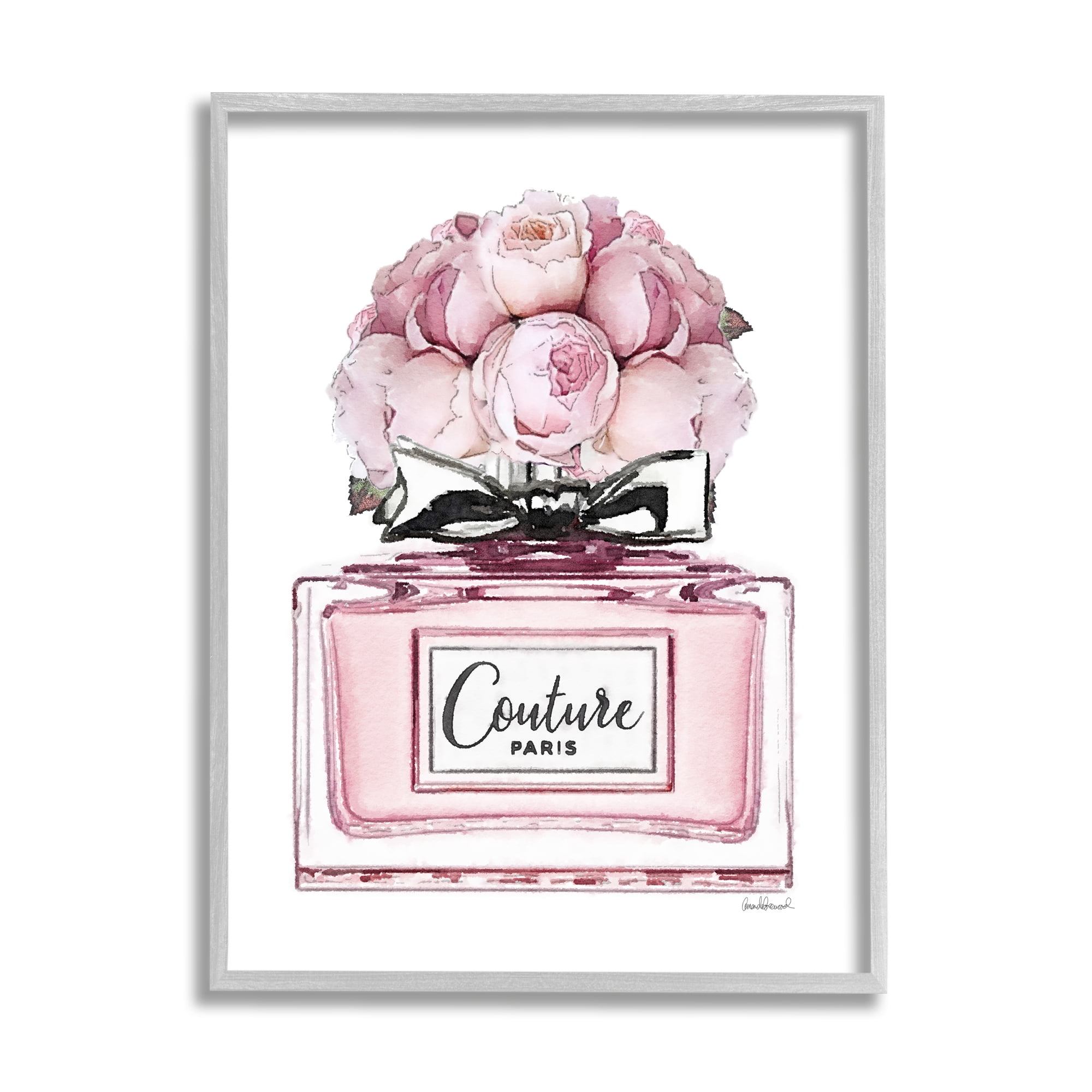 Stupell Industries Pink Roses Perfume Botanical & Floral Painting Gray Framed Art Print Wall Art, 11 x 14