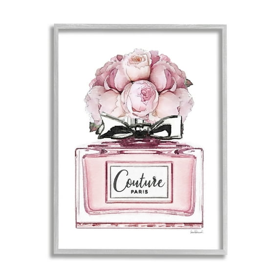 Stupell Industries Pink Roses Perfume Botanical & Floral Painting Gray Framed Art Print Wall Art, 11 x 14