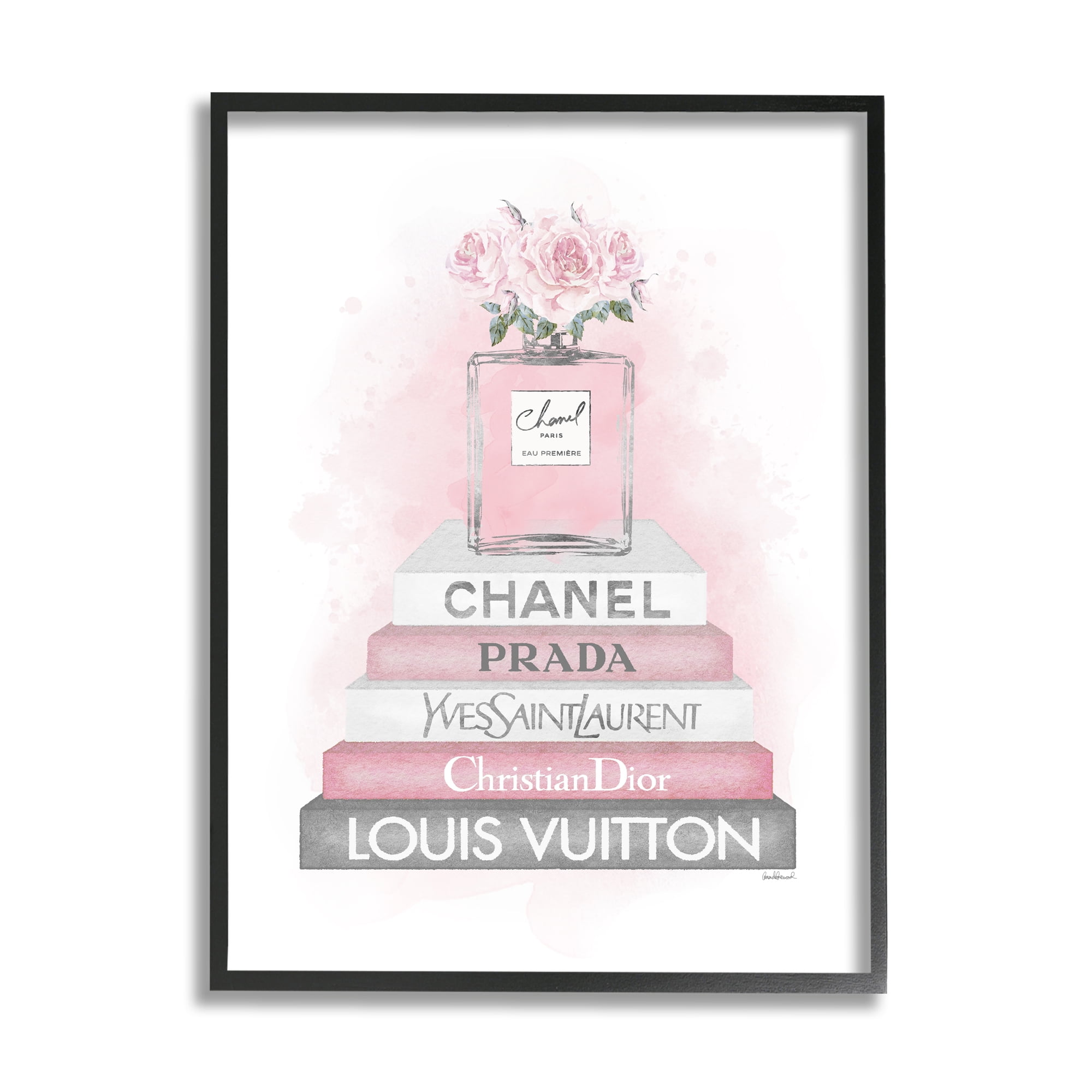 Stupell Industries Pink Roses Perfume Bottle Glam Fashion Bookstack Beauty & Fashion Painting Black Framed Art Print Wall Art, 16 x 20