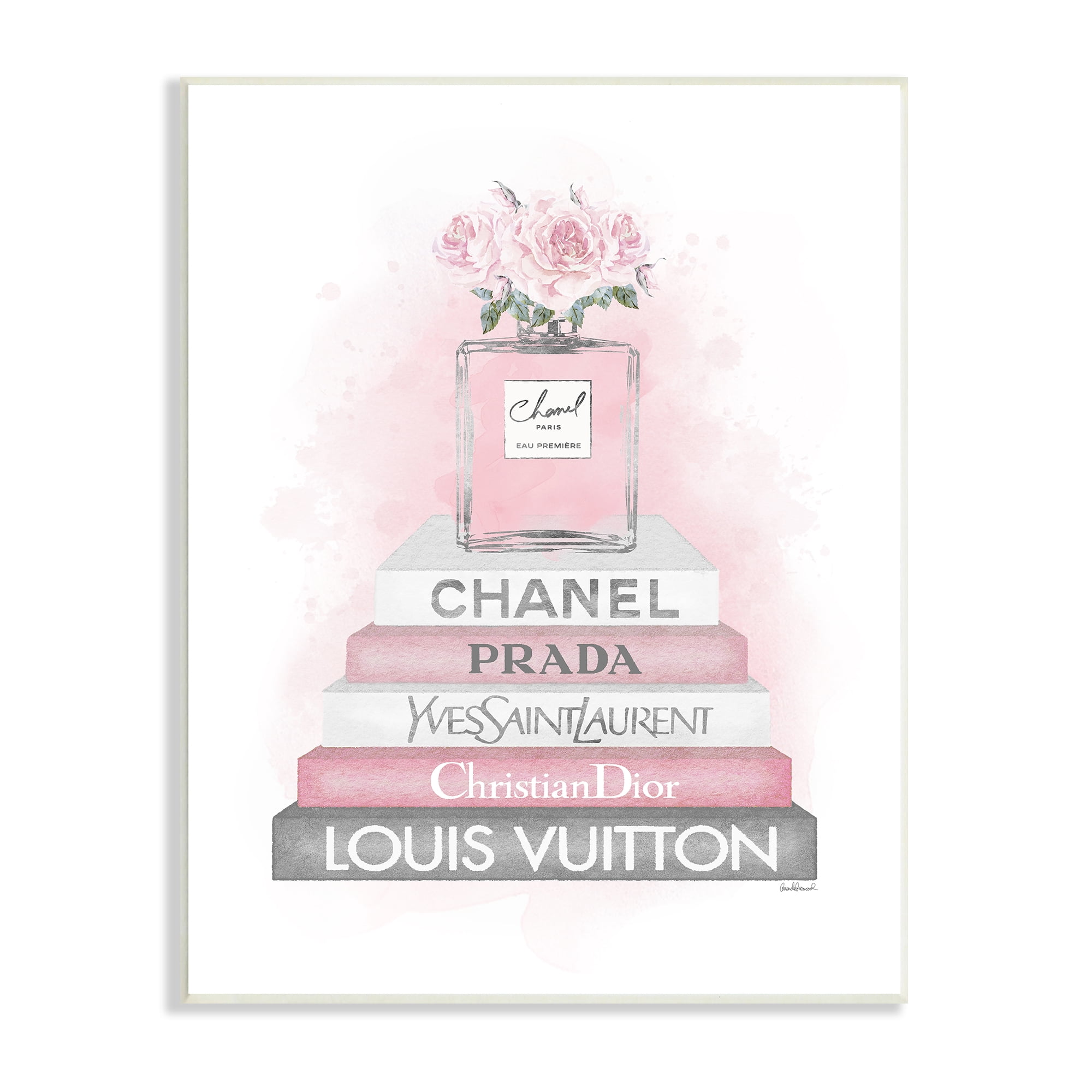 Stupell Industries Pink Roses Perfume Bottle Glam Fashion Bookstack Beauty & Fashion Painting Unframed Art Print Wall Art, 13 x 19