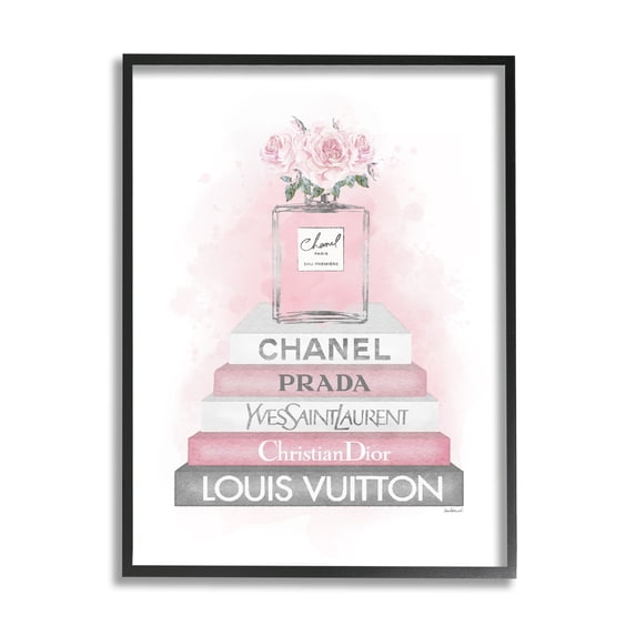 Stupell Industries Pink Roses Perfume Bottle Glam Fashion Bookstack Glam Painting Black framed Art Print Wall Art, 24 x 30, Design by Amanda Greenwood