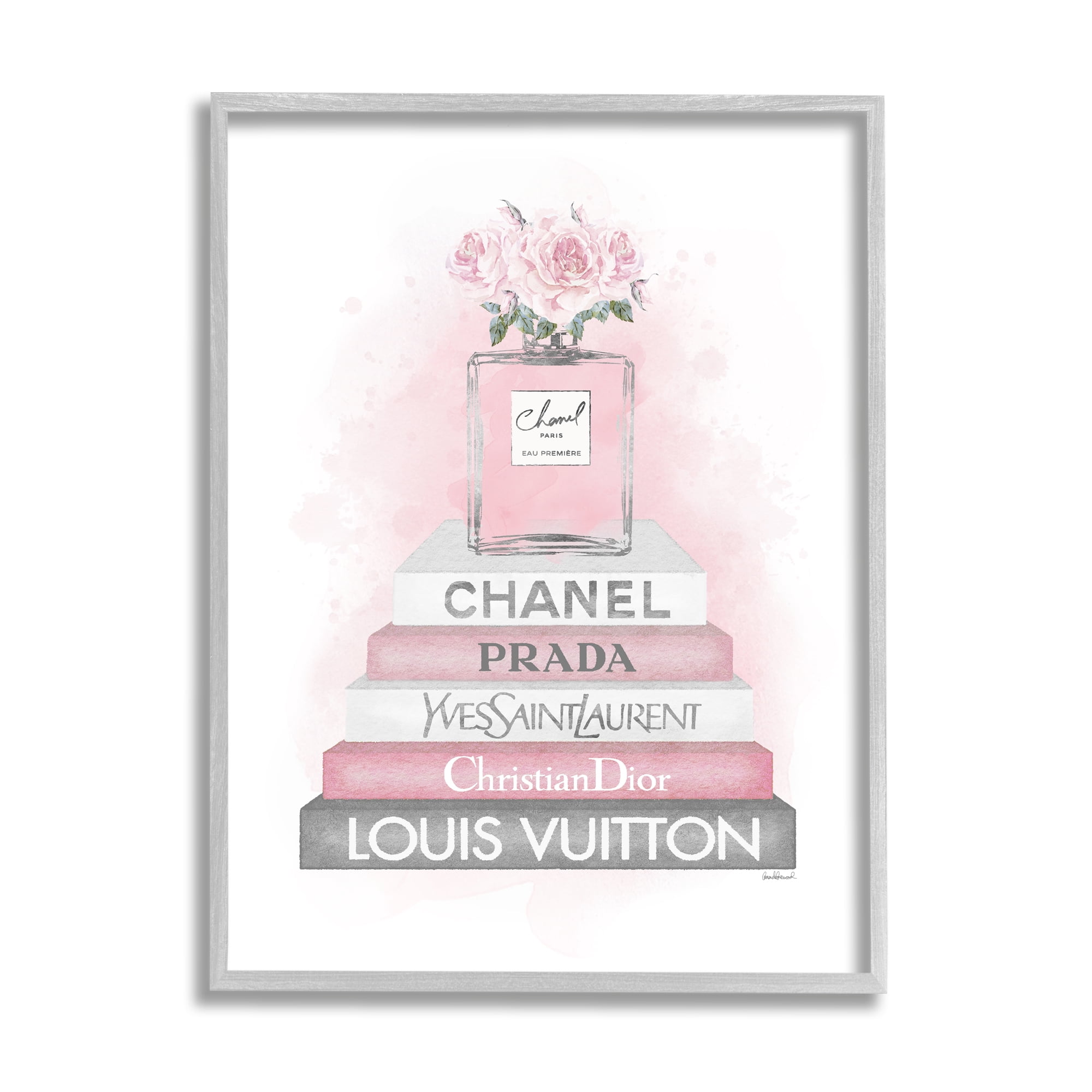Stupell Industries Pink Roses Perfume Bottle Glam Fashion Bookstack Glam Painting Gray framed Art Print Wall Art, 24 x 30, Design by Amanda Greenwood