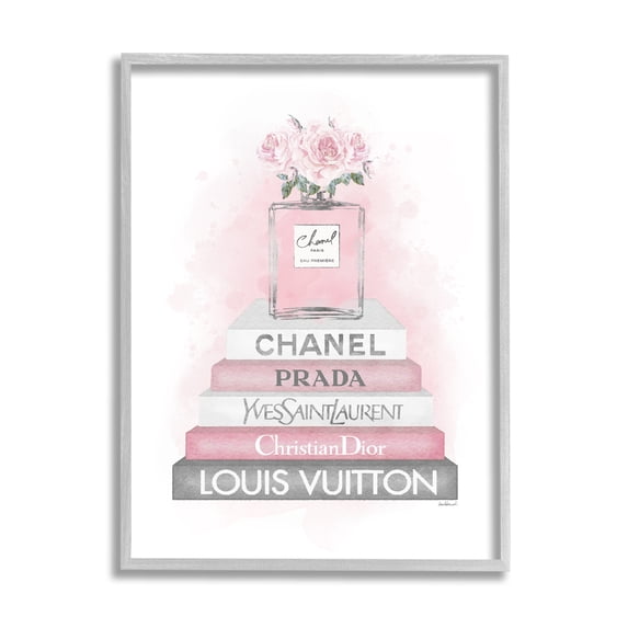 Stupell Industries Pink Roses Perfume Bottle Glam Fashion Bookstack Glam Painting Gray framed Art Print Wall Art, 24 x 30, Design by Amanda Greenwood