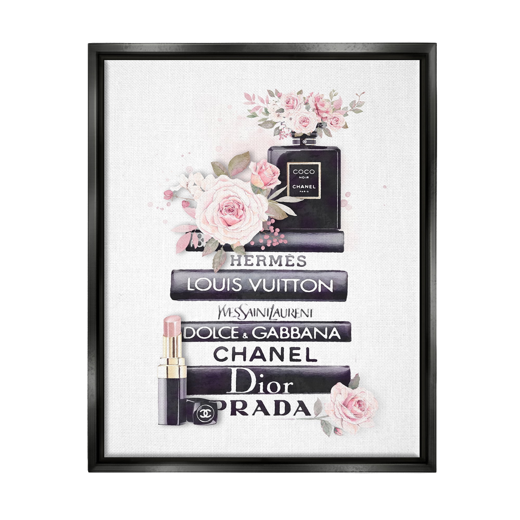 Stupell Industries Pink Roses and Toiletries Fashion Glam Bookstack Jet Black Framed Floating Canvas Wall Art, 16x20, by Ros Ruseva