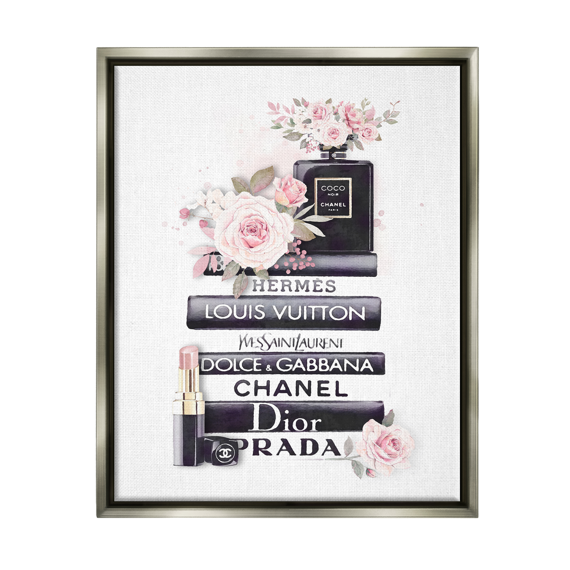 Stupell Industries Pink Roses and Toiletries Fashion Glam Bookstack Luster Gray Framed Floating Canvas Wall Art, 16x20, by Ros Ruseva