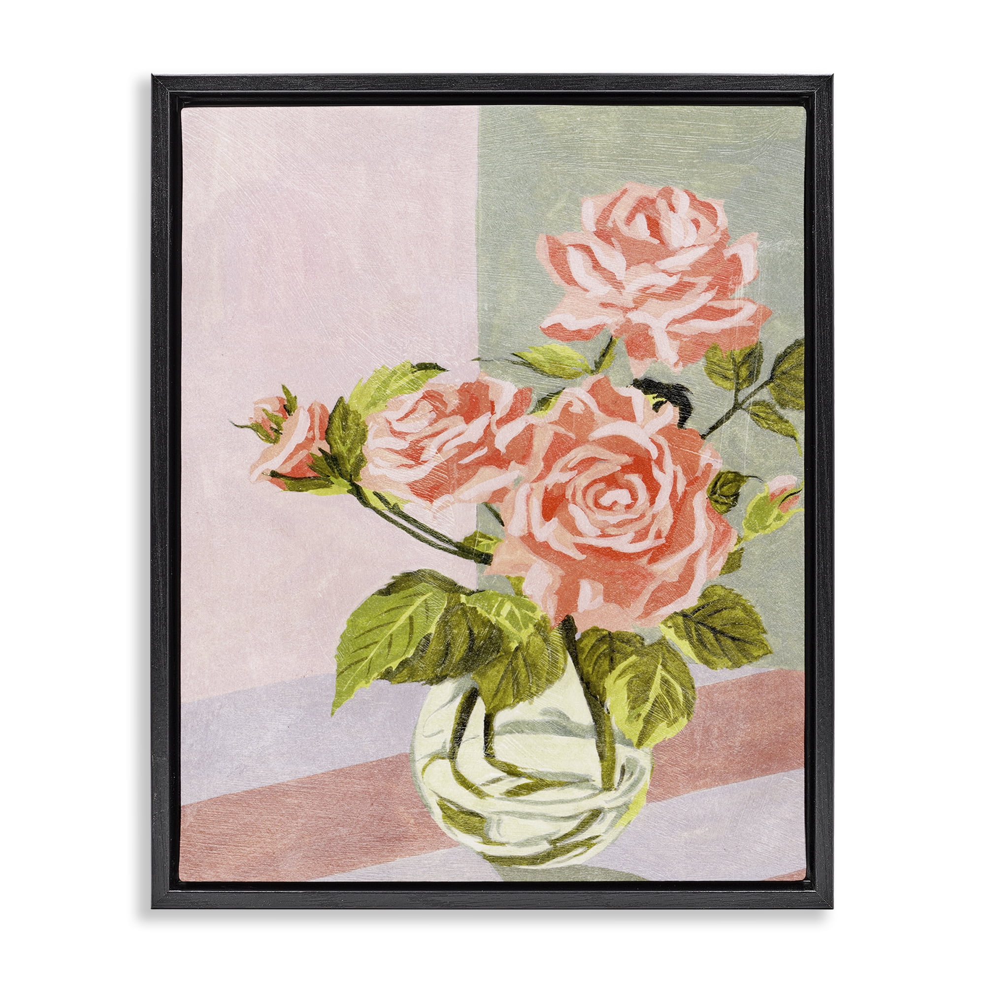 Stupell Industries Pink Roses on Pastels Plants & Flowers Painting Black Floater Framed Canvas Art Print Wall Art, 25 x 31