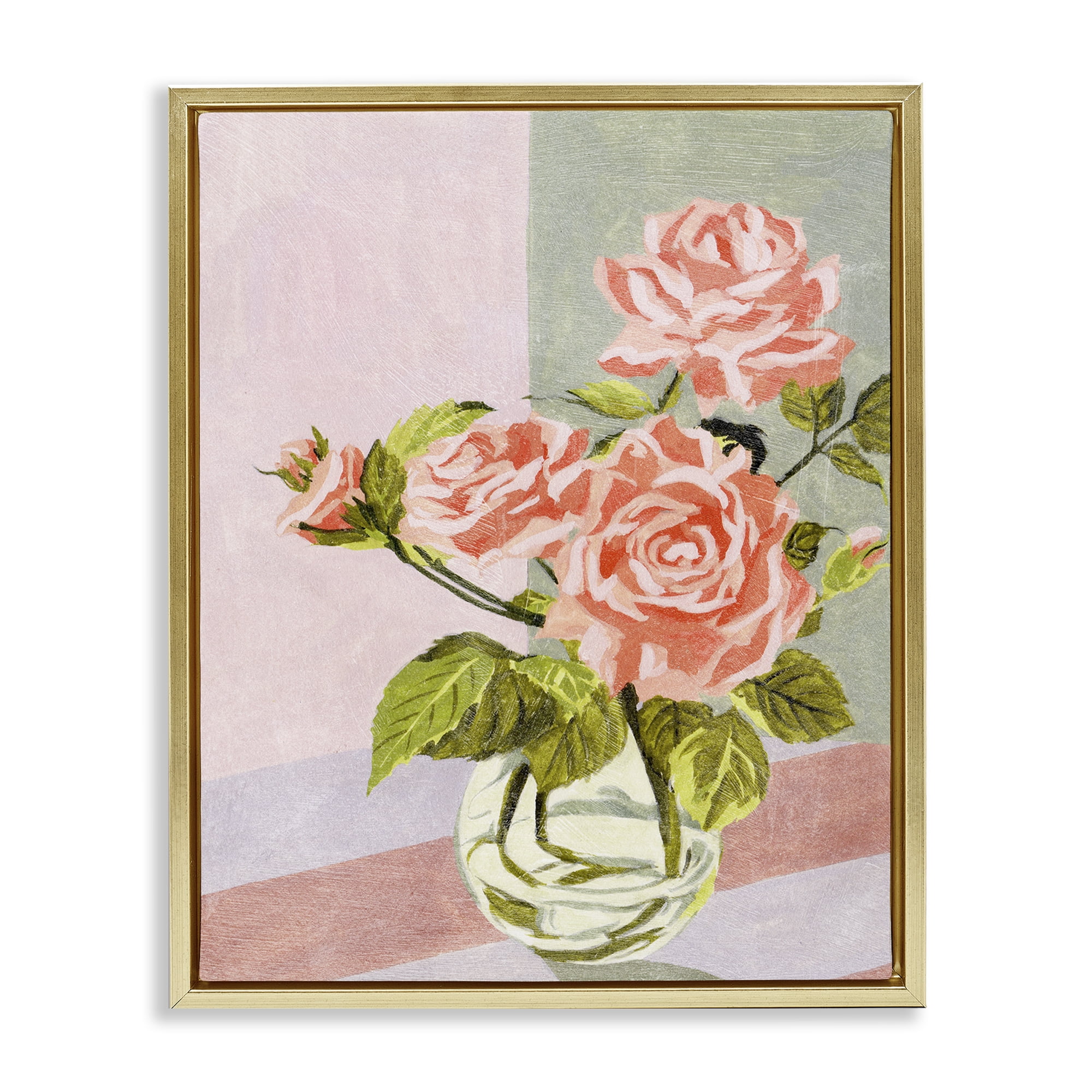 Stupell Industries Pink Roses on Pastels Plants & Flowers Painting Gold Floater Framed Canvas Art Print Wall Art, 17 x 21