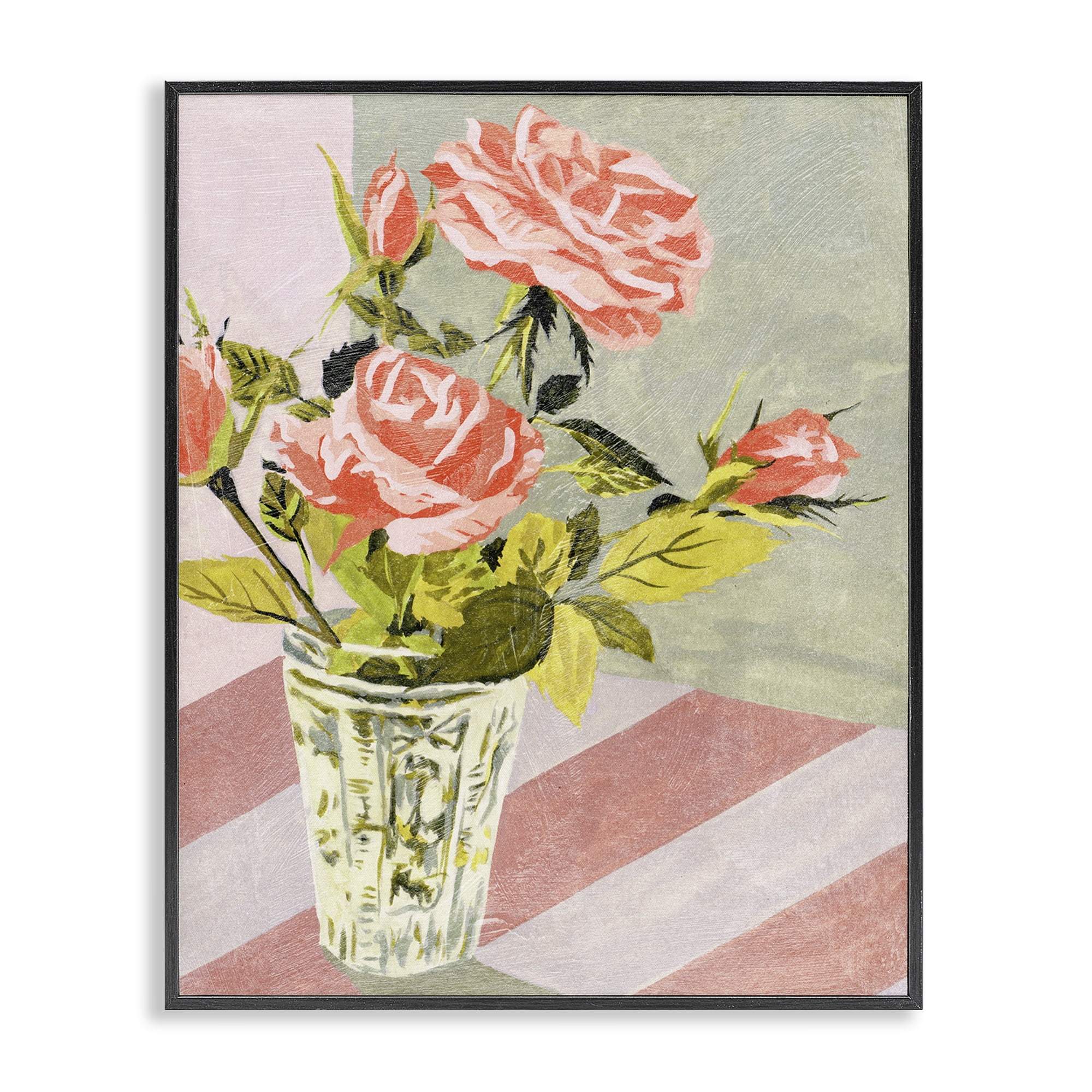 Stupell Industries Pink Roses on Stripes Plants & Flowers Painting Black Framed Art Print Wall Art, 16 x 20