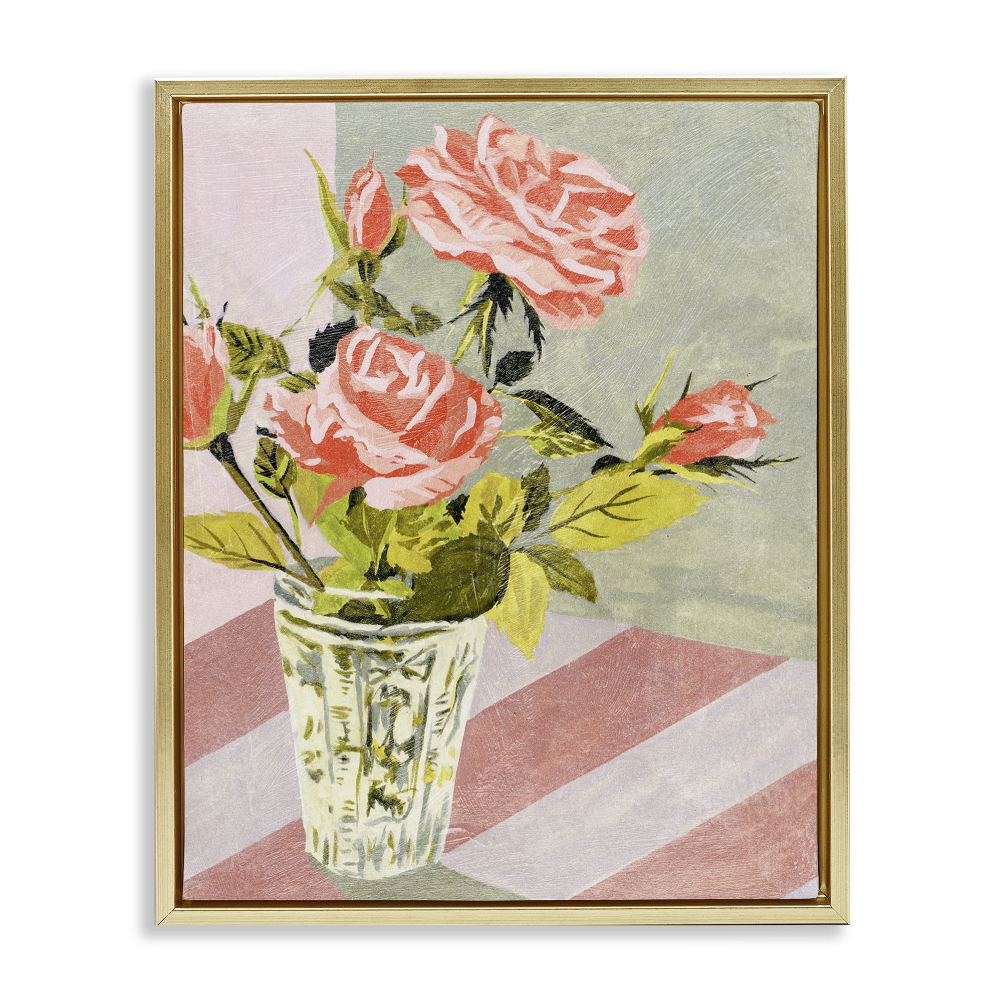 Stupell Industries Pink Roses on Stripes Plants & Flowers Painting Gold Floater Framed Canvas Art Print Wall Art, 17 x 21
