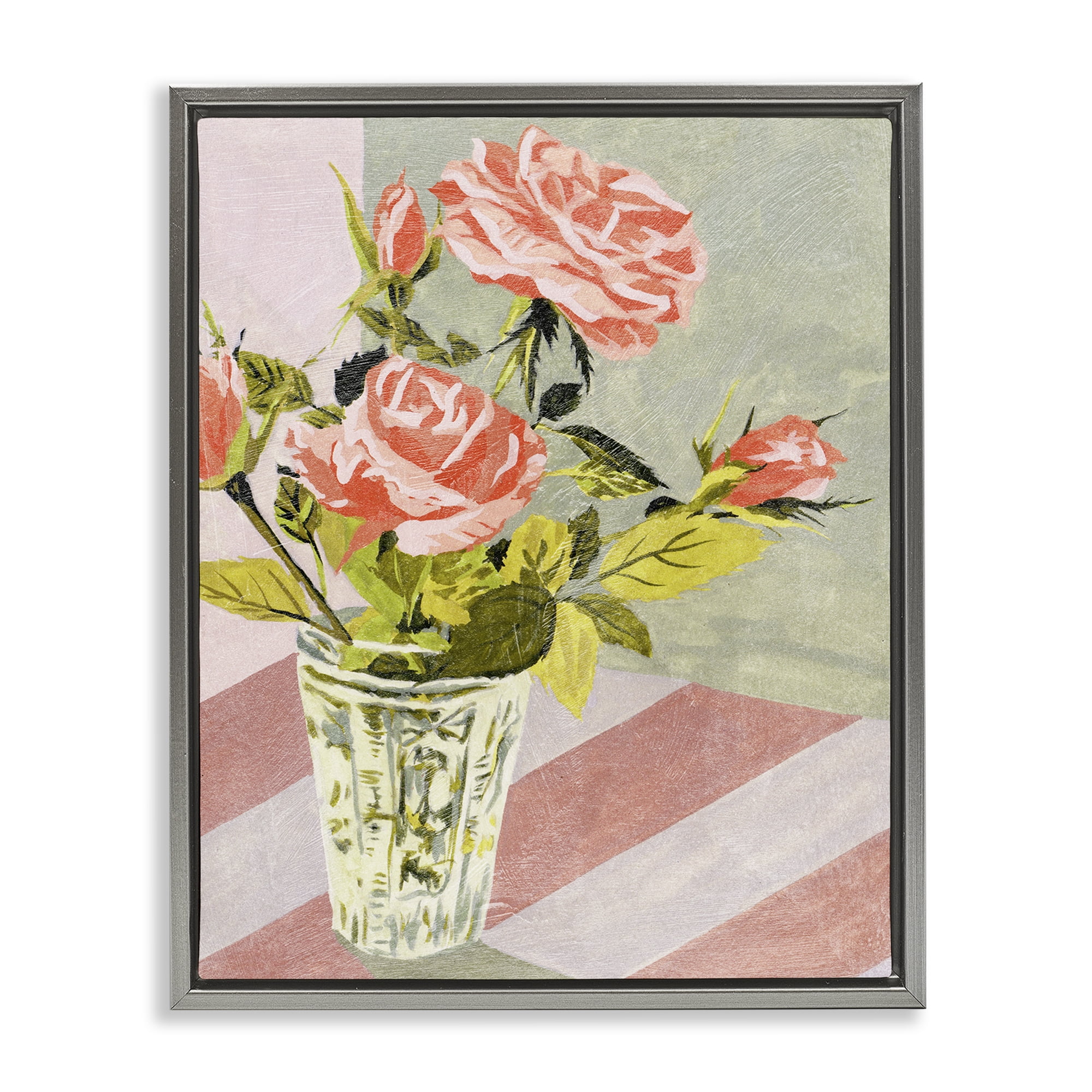 Stupell Industries Pink Roses on Stripes Plants & Flowers Painting Gray Floater Framed Canvas Art Print Wall Art, 17 x 21