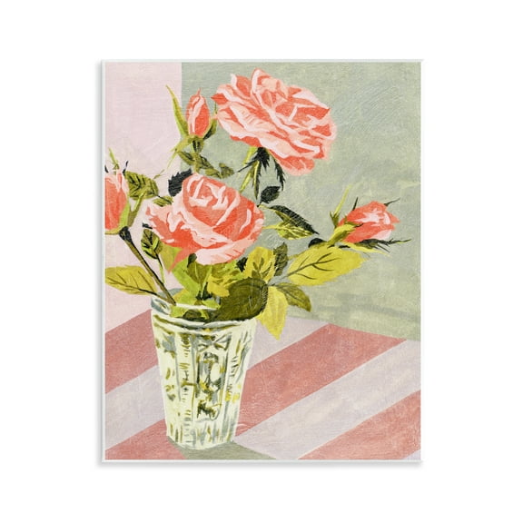 Stupell Industries Pink Roses on Stripes Plants & Flowers Painting Unframed Art Print Wall Art, 11 x 14