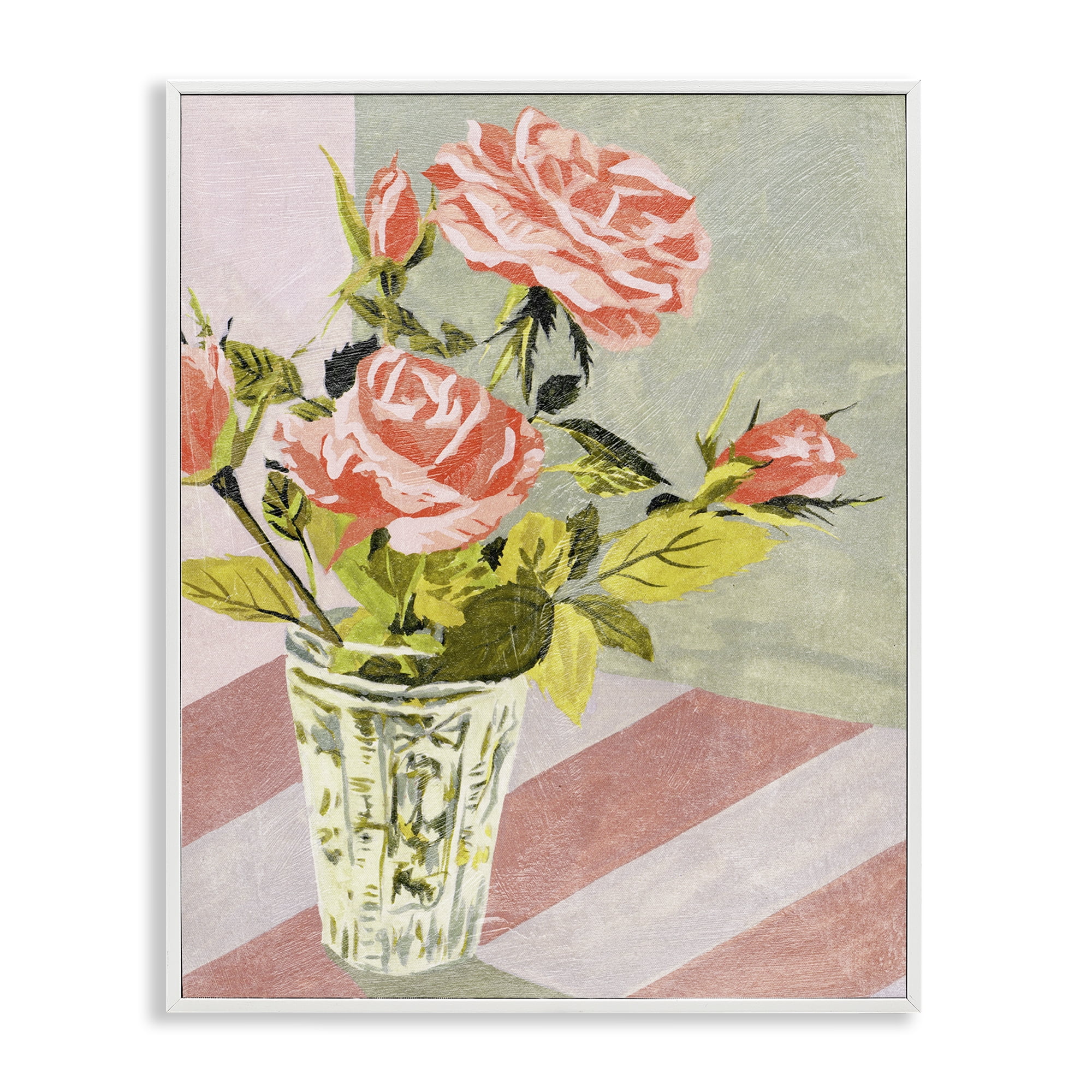 Stupell Industries Pink Roses on Stripes Plants & Flowers Painting White Framed Art Print Wall Art, 24 x 30