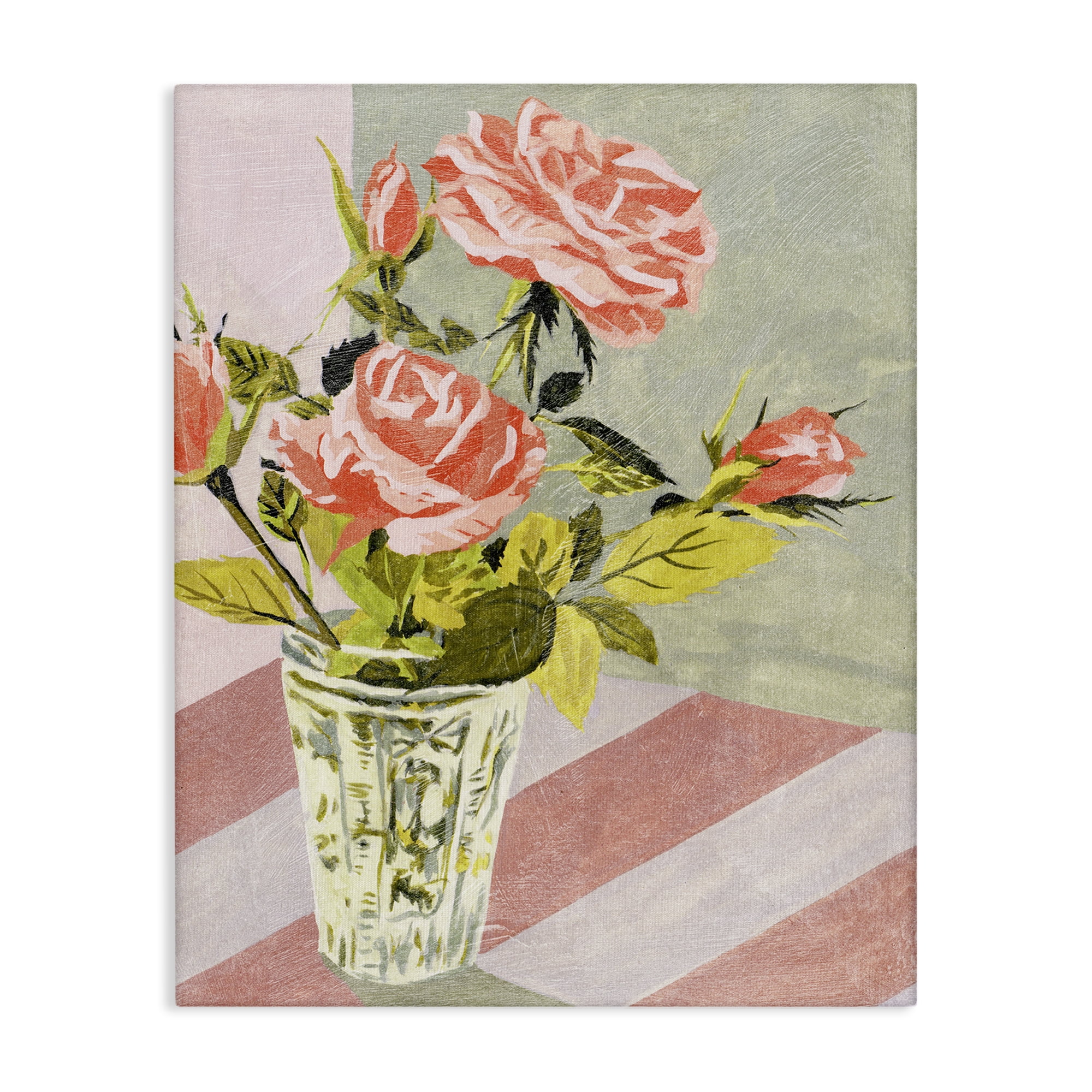 Stupell Industries Pink Roses on Stripes Plants & Flowers Painting Wrapped Canvas Art Print Wall Art, 16 x 20
