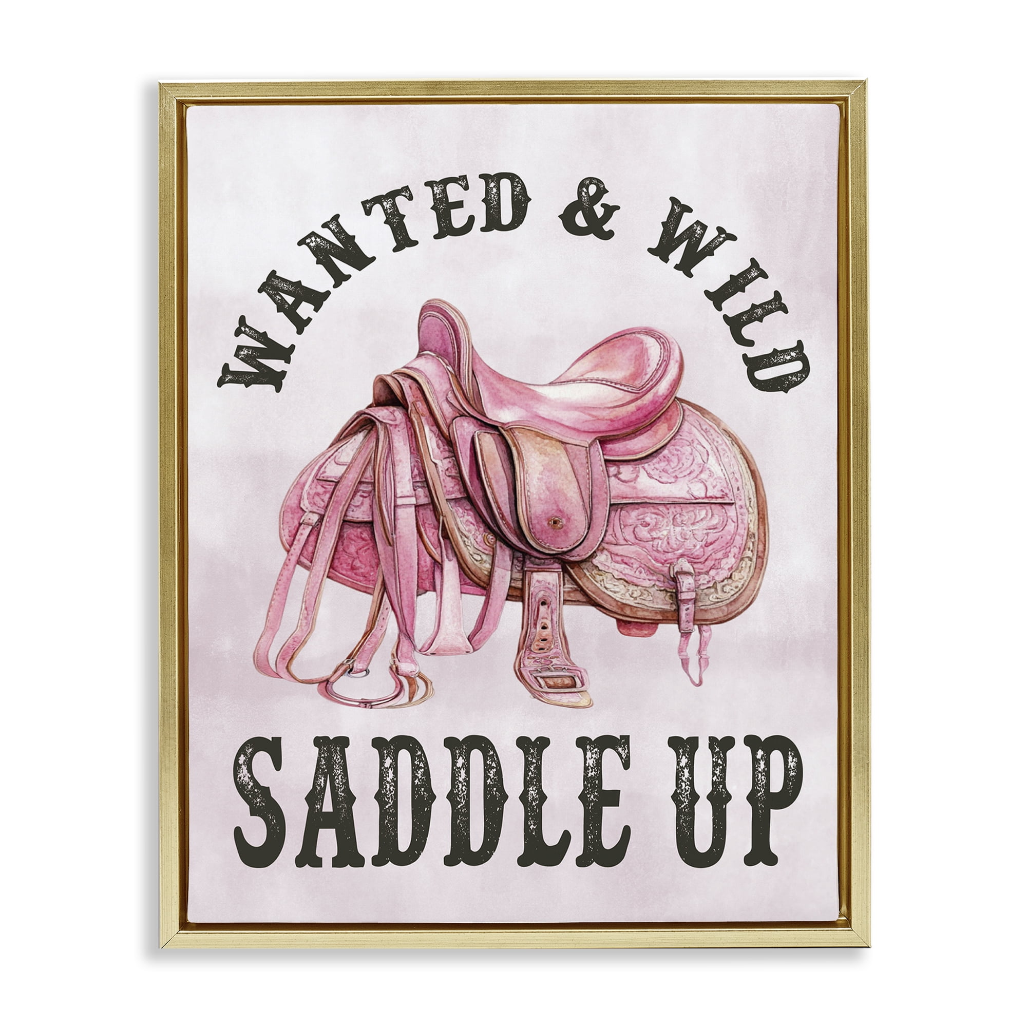Stupell Industries Pink Saddle Up Cowgirl Text & Numbers Painting Gold Floater Framed Canvas Art Print Wall Art, 17 x 21