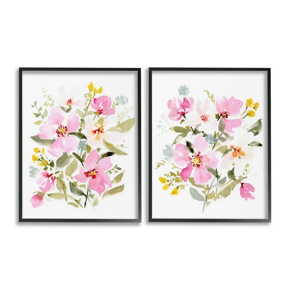 Stupell Industries Pink Scattered Blooms Botanical & Floral Painting Black Framed Art Print Wall Art, 16 x 20, Set of 2