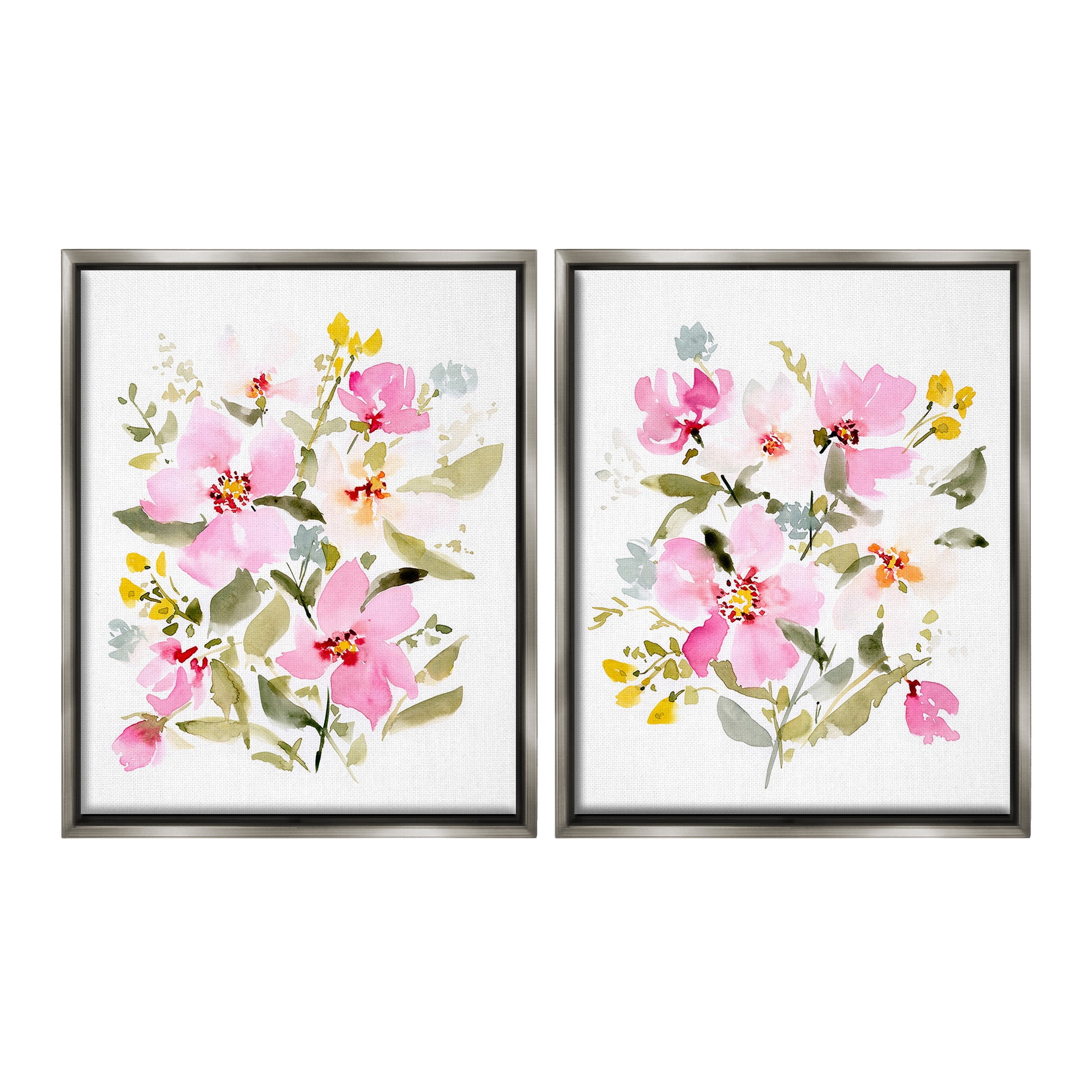 Stupell Industries Pink Scattered Blooms Botanical & Floral Painting Gray Floater Framed Canvas Art Print Wall Art, 17 x 21, Set of 2