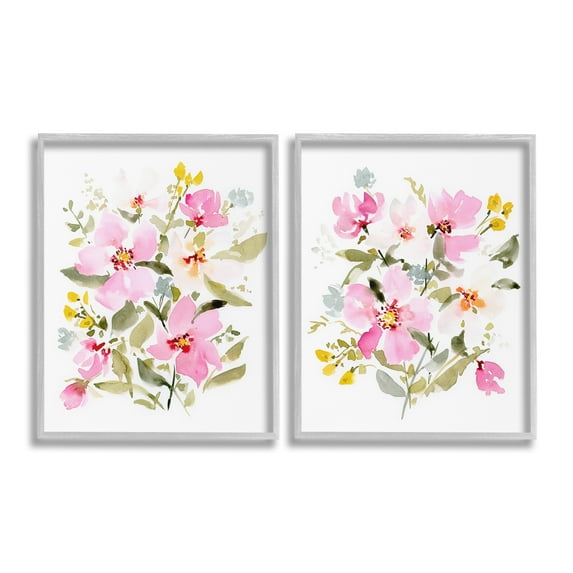 Stupell Industries Pink Scattered Blooms Botanical & Floral Painting Gray Framed Art Print Wall Art, 24 x 30, Set of 2