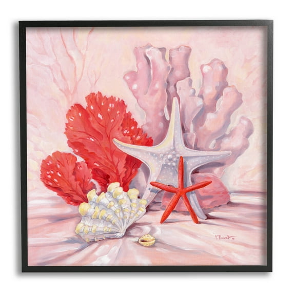 Stupell Industries Pink Shells Coral Still Life Painting Black Framed Art Print Wall Art, Design by Paul Brent
