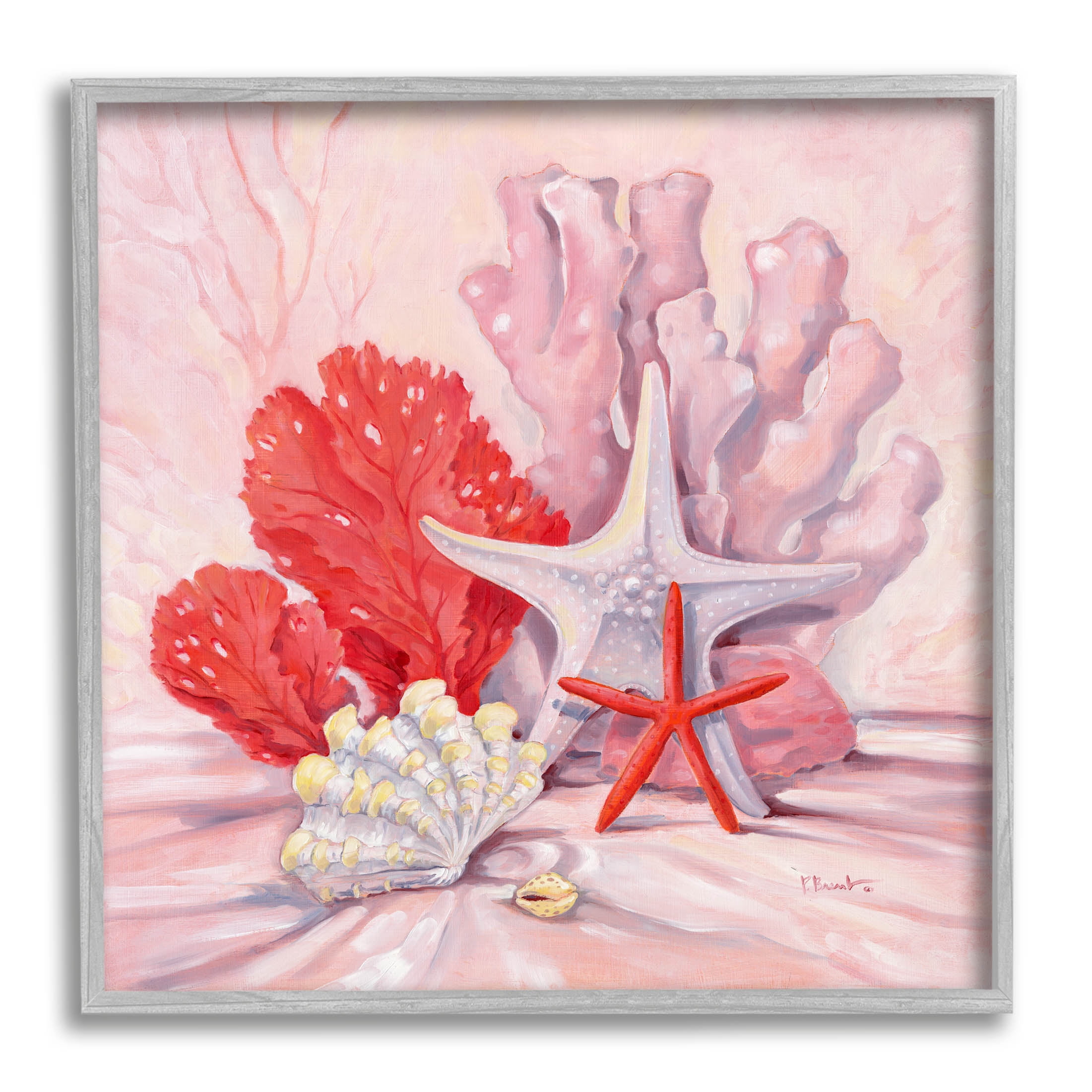 Stupell Industries Pink Shells Coral Still Life Painting Gray Framed Art Print Wall Art, Design by Paul Brent