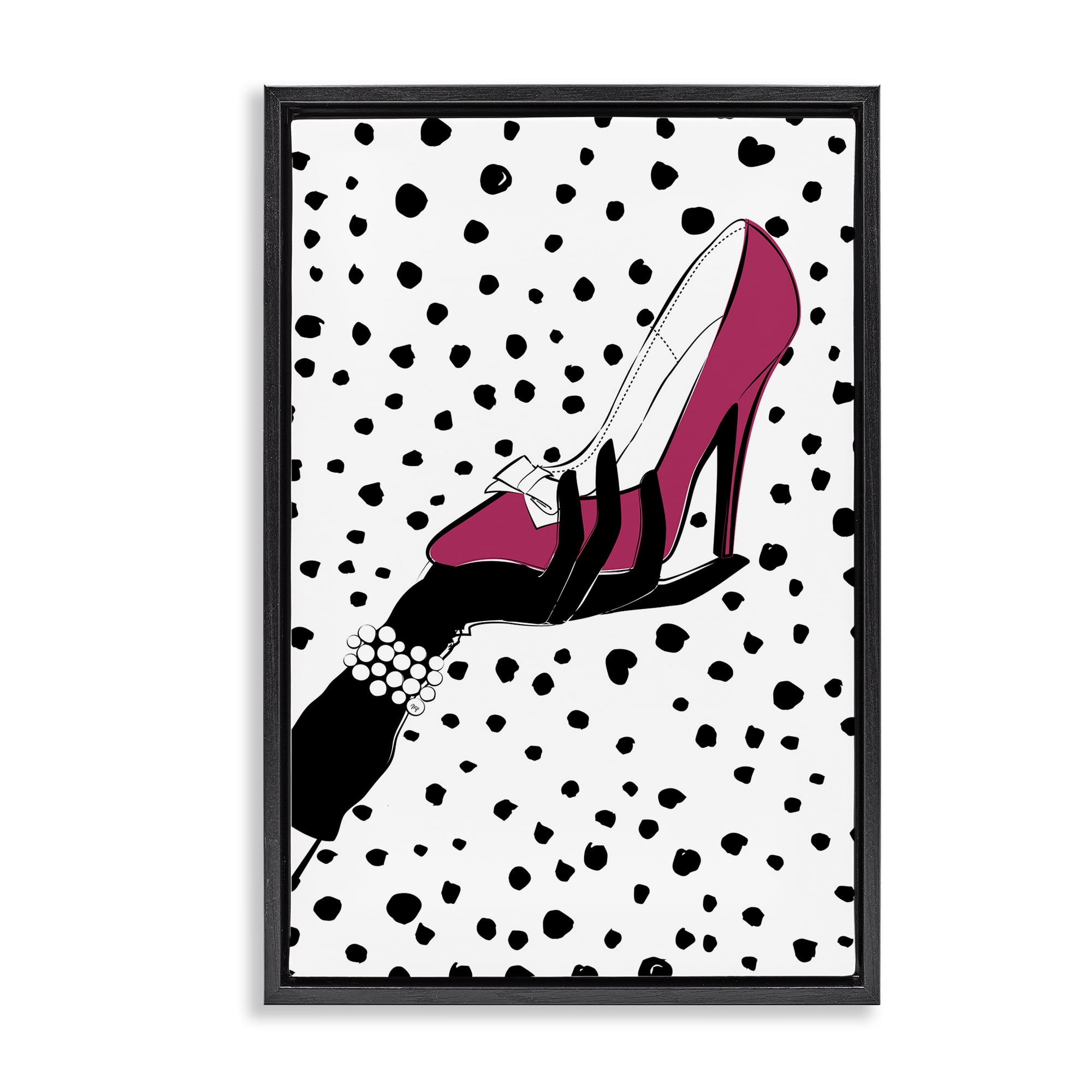 Stupell Industries Pink Shoe with Dots Beauty & Fashion Painting Black Floater Framed Art Print Wall Art, 21 x 31