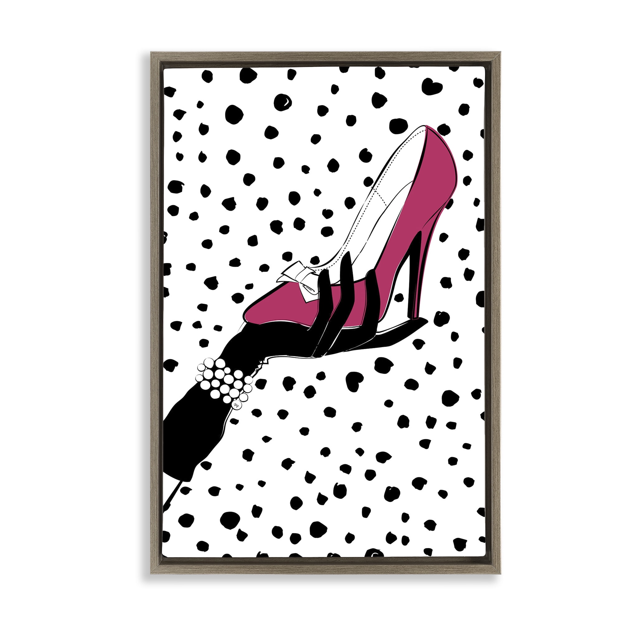 Stupell Industries Pink Shoe with Dots Beauty & Fashion Painting Brown Floater Framed Art Print Wall Art, 21 x 31