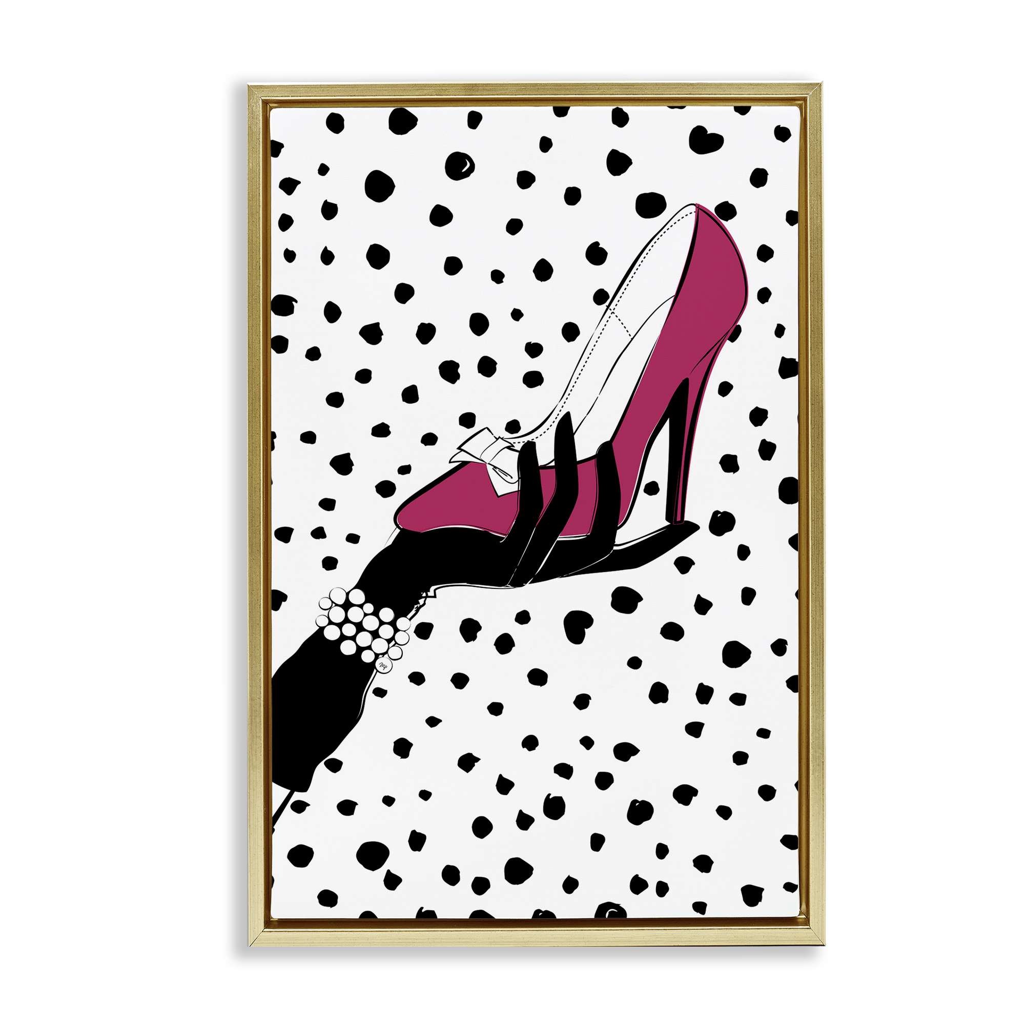 Stupell Industries Pink Shoe with Dots Beauty & Fashion Painting Gold Floater Framed Art Print Wall Art, 17 x 25