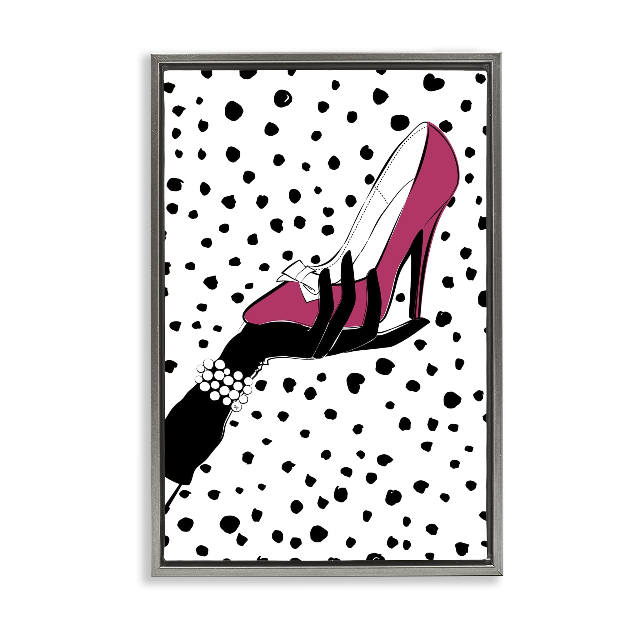 Stupell Industries Pink Shoe with Dots Beauty & Fashion Painting Gray Floater Framed Art Print Wall Art, 17 x 25