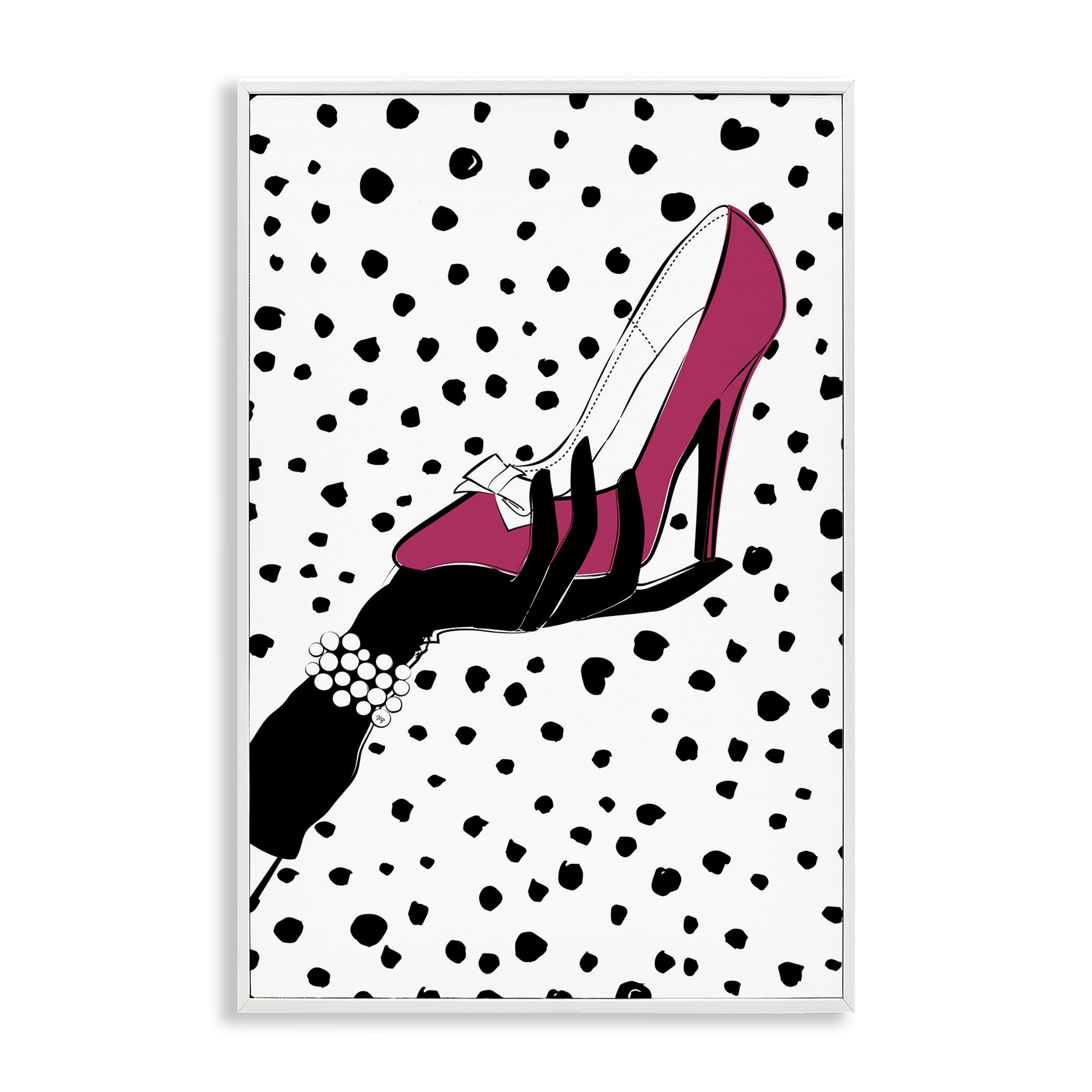 Stupell Industries Pink Shoe with Dots Beauty & Fashion Painting White Framed Art Print Wall Art, 12 x 18
