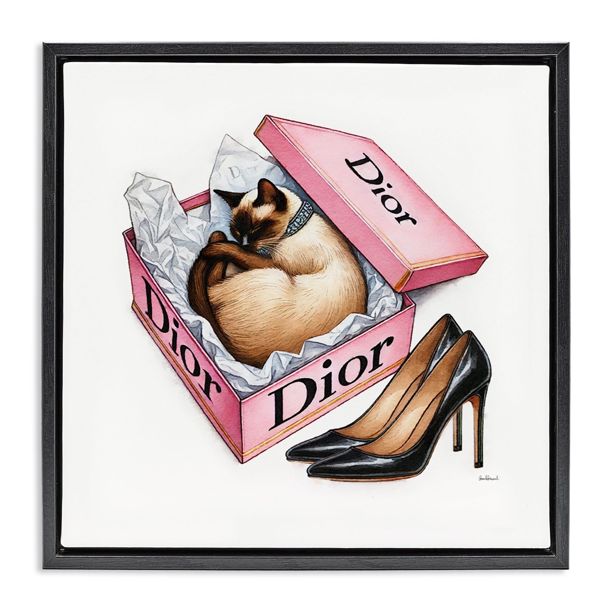 Stupell Industries Pink Shoebox with Cat Animals Painting Black Floater Framed Canvas Art Print Wall Art, 25 x 25