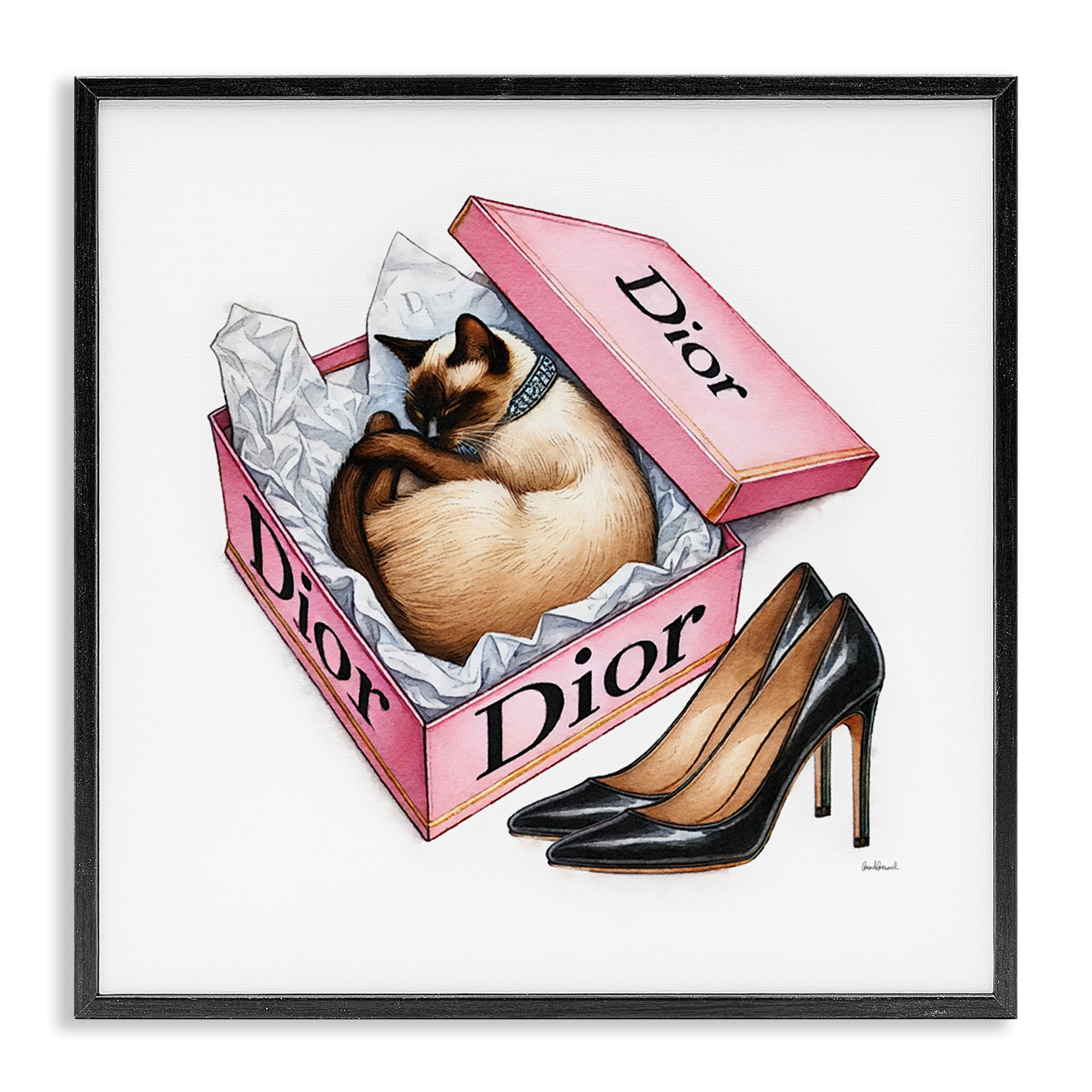 Stupell Industries Pink Shoebox with Cat Animals Painting Black Framed Art Print Wall Art, 12 x 12