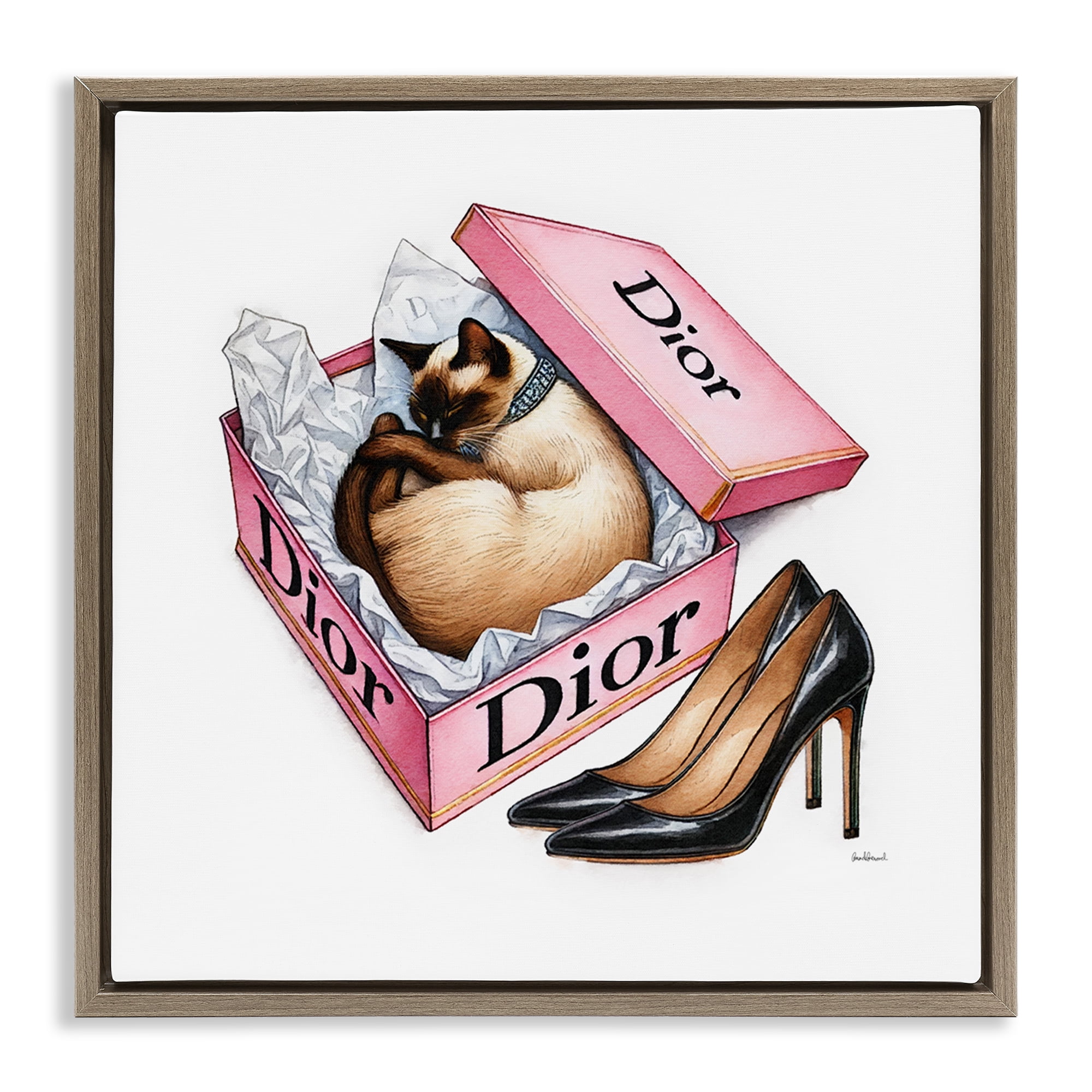 Stupell Industries Pink Shoebox with Cat Animals Painting Brown Floater Framed Canvas Art Print Wall Art, 18 x 18