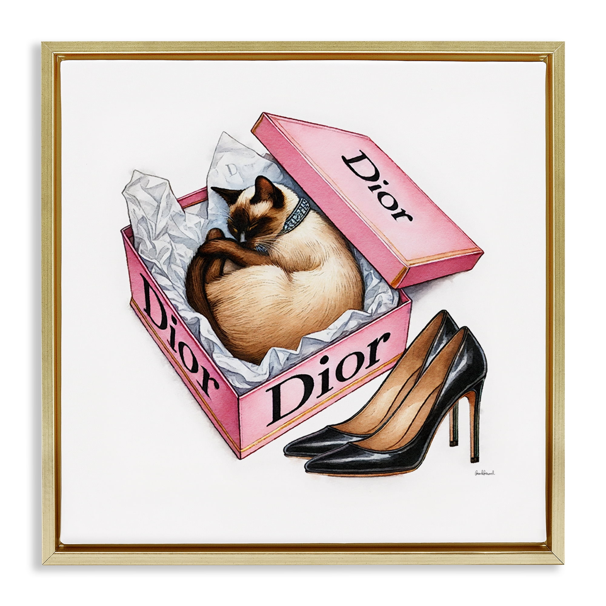 Stupell Industries Pink Shoebox with Cat Animals Painting Gold Floater Framed Canvas Art Print Wall Art, 18 x 18