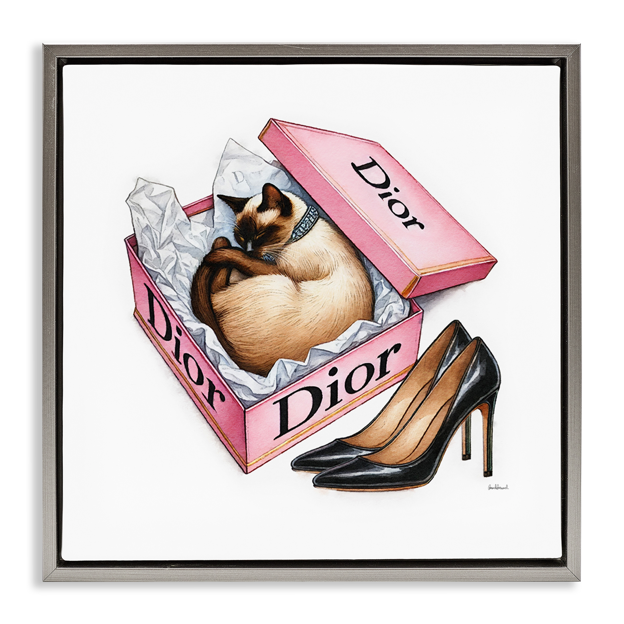 Stupell Industries Pink Shoebox with Cat Animals Painting Gray Floater Framed Canvas Art Print Wall Art, 18 x 18