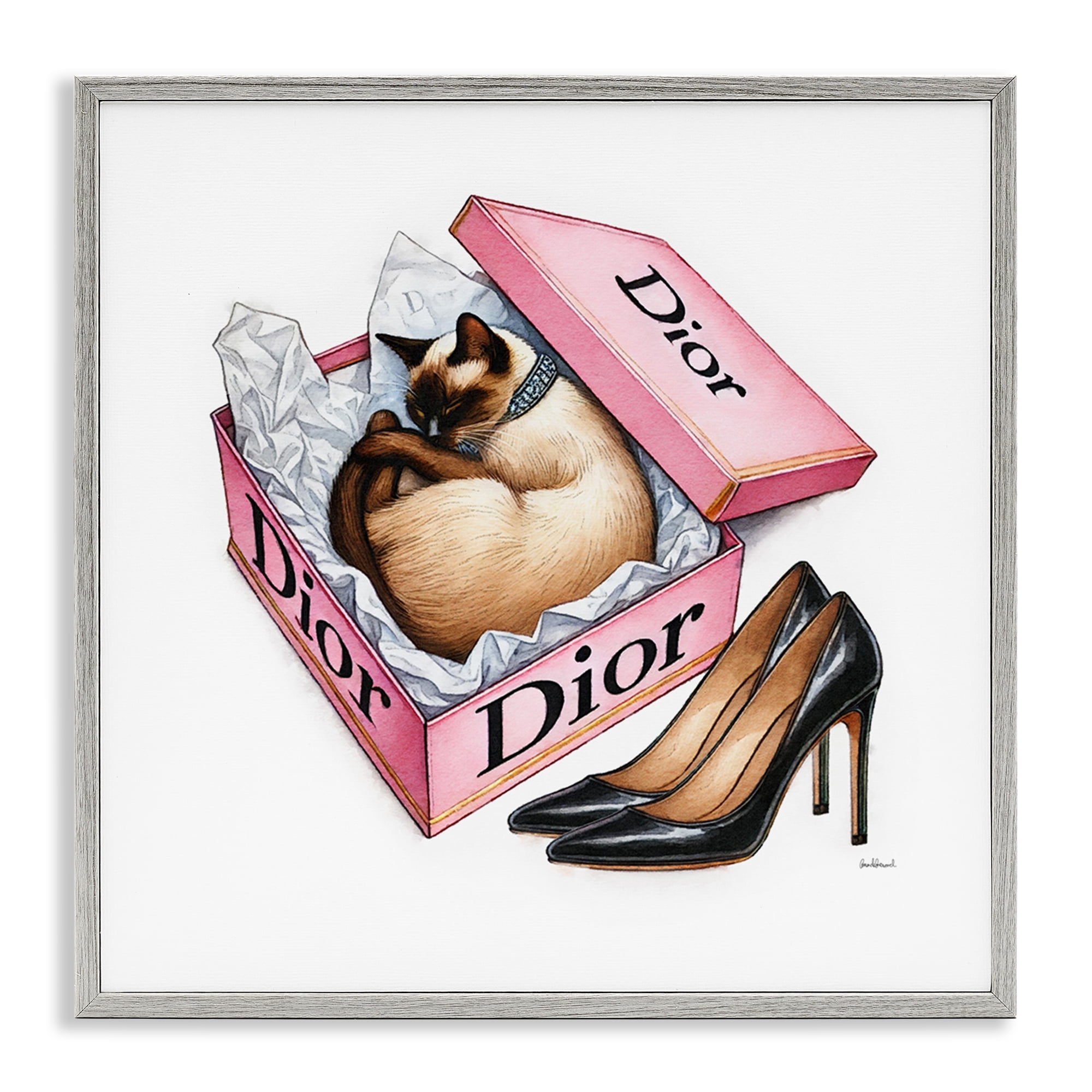 Stupell Industries Pink Shoebox with Cat Animals Painting Gray Framed Art Print Wall Art, 17 x 17