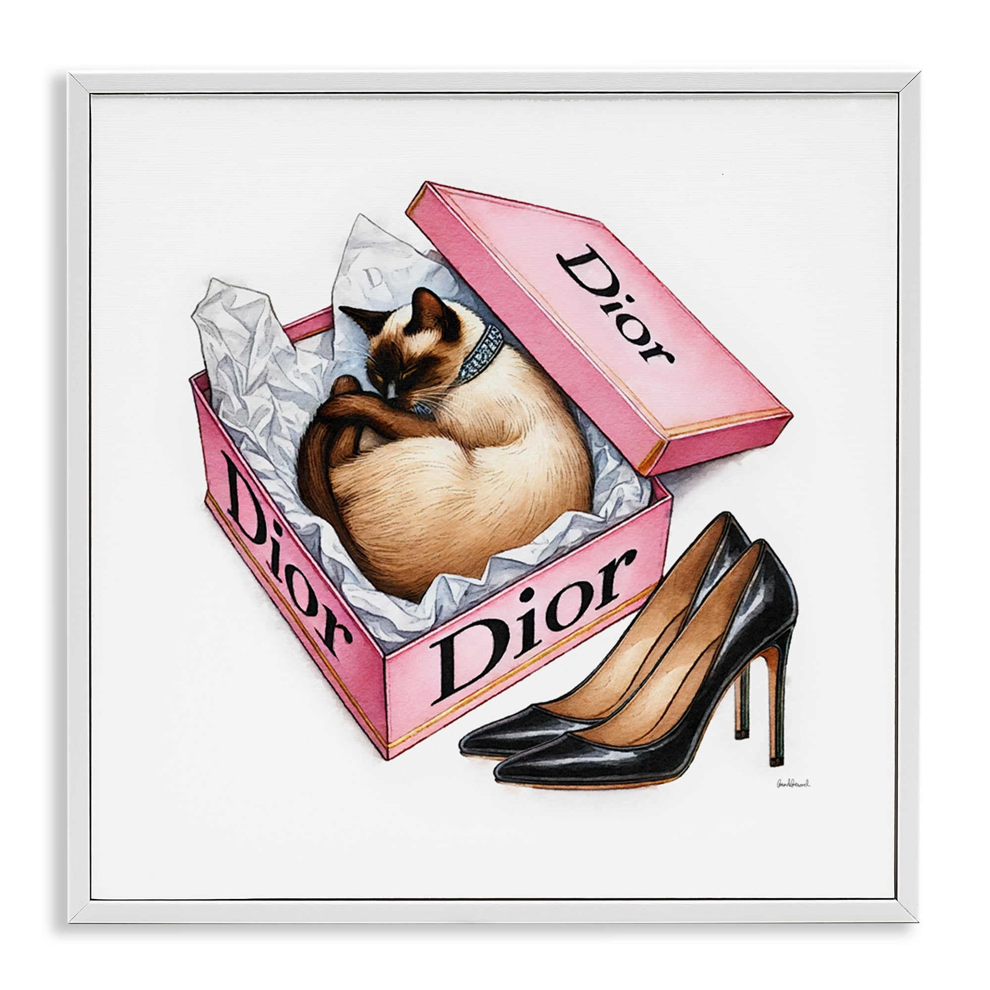 Stupell Industries Pink Shoebox with Cat Animals Painting White Framed Art Print Wall Art, 17 x 17