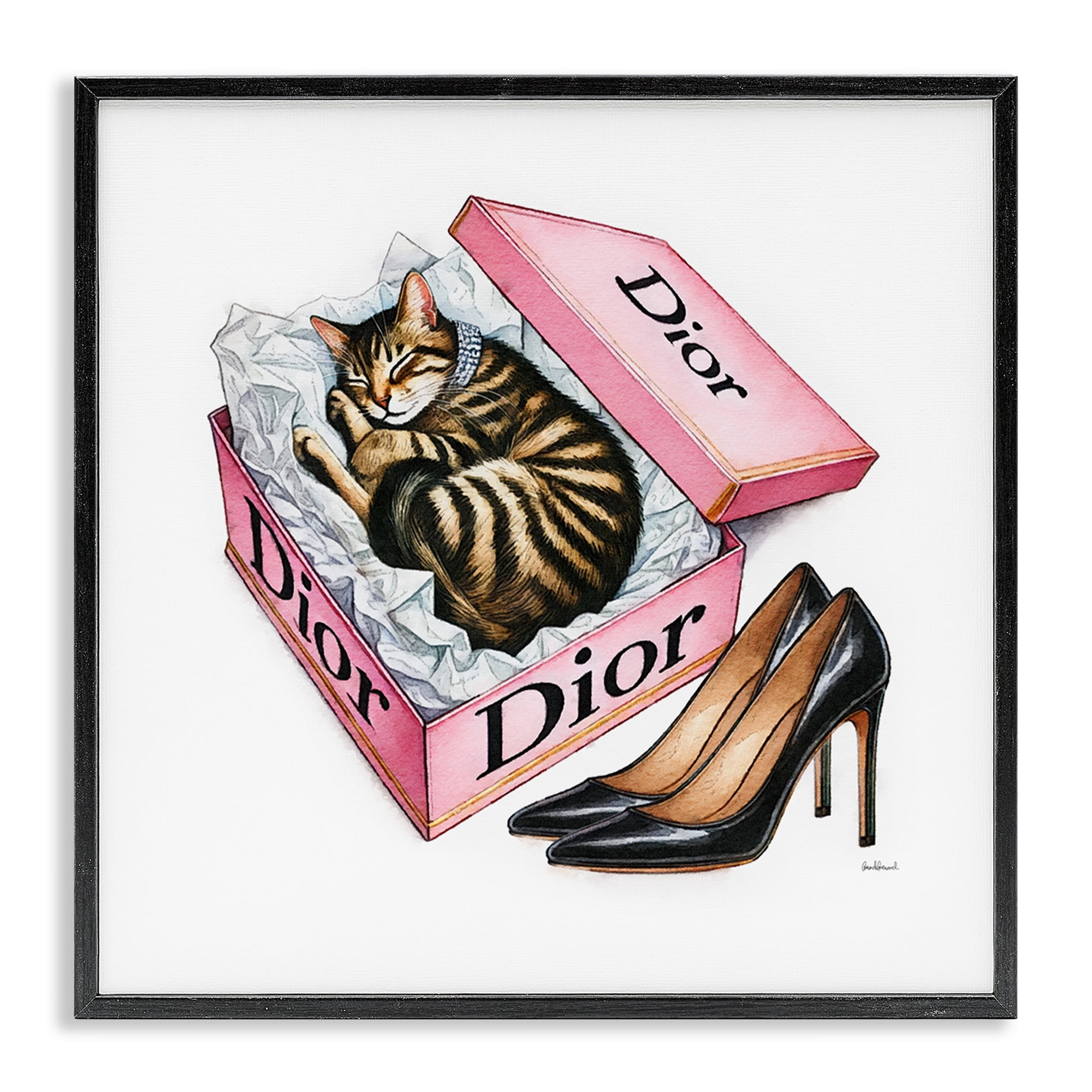 Stupell Industries Pink Shoebox with Kitten Animals Painting Black Framed Art Print Wall Art, 12 x 12