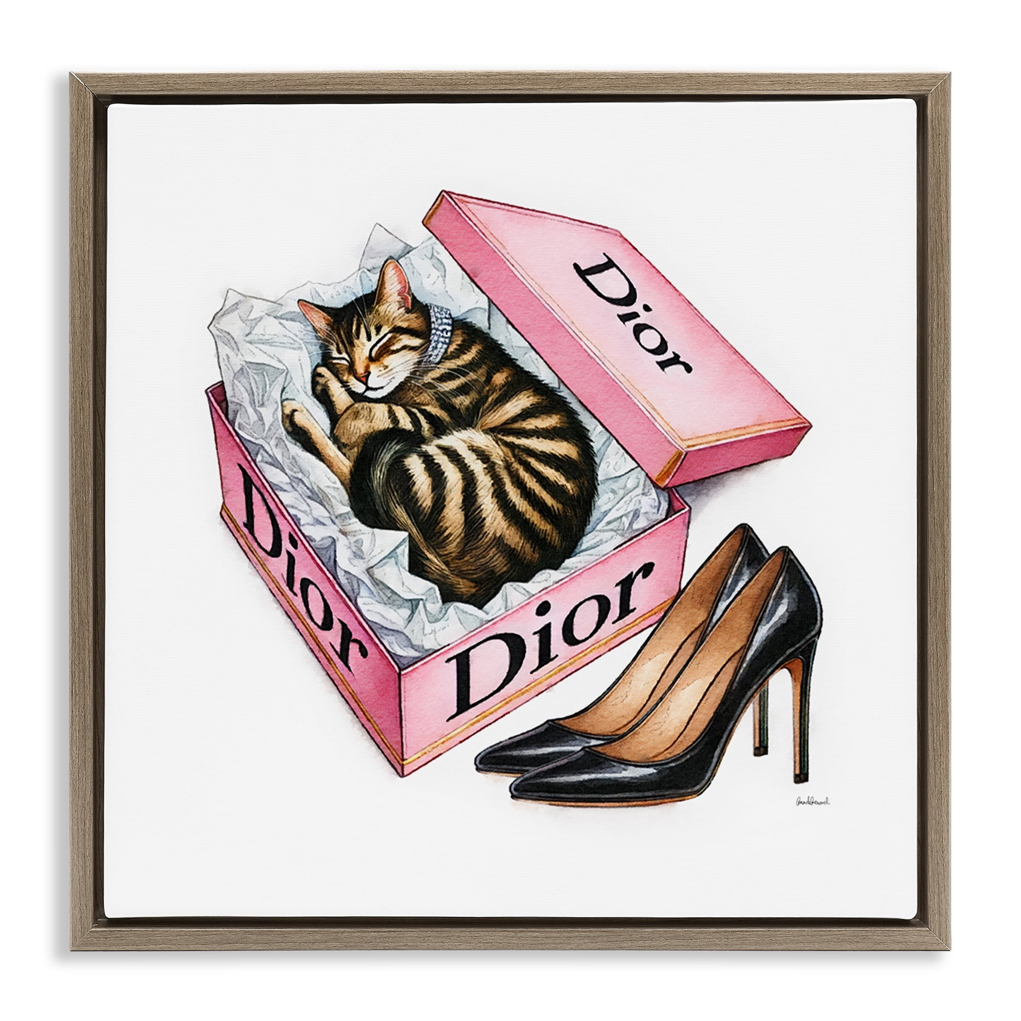 Stupell Industries Pink Shoebox with Kitten Animals Painting Brown Floater Framed Canvas Art Print Wall Art, 18 x 18