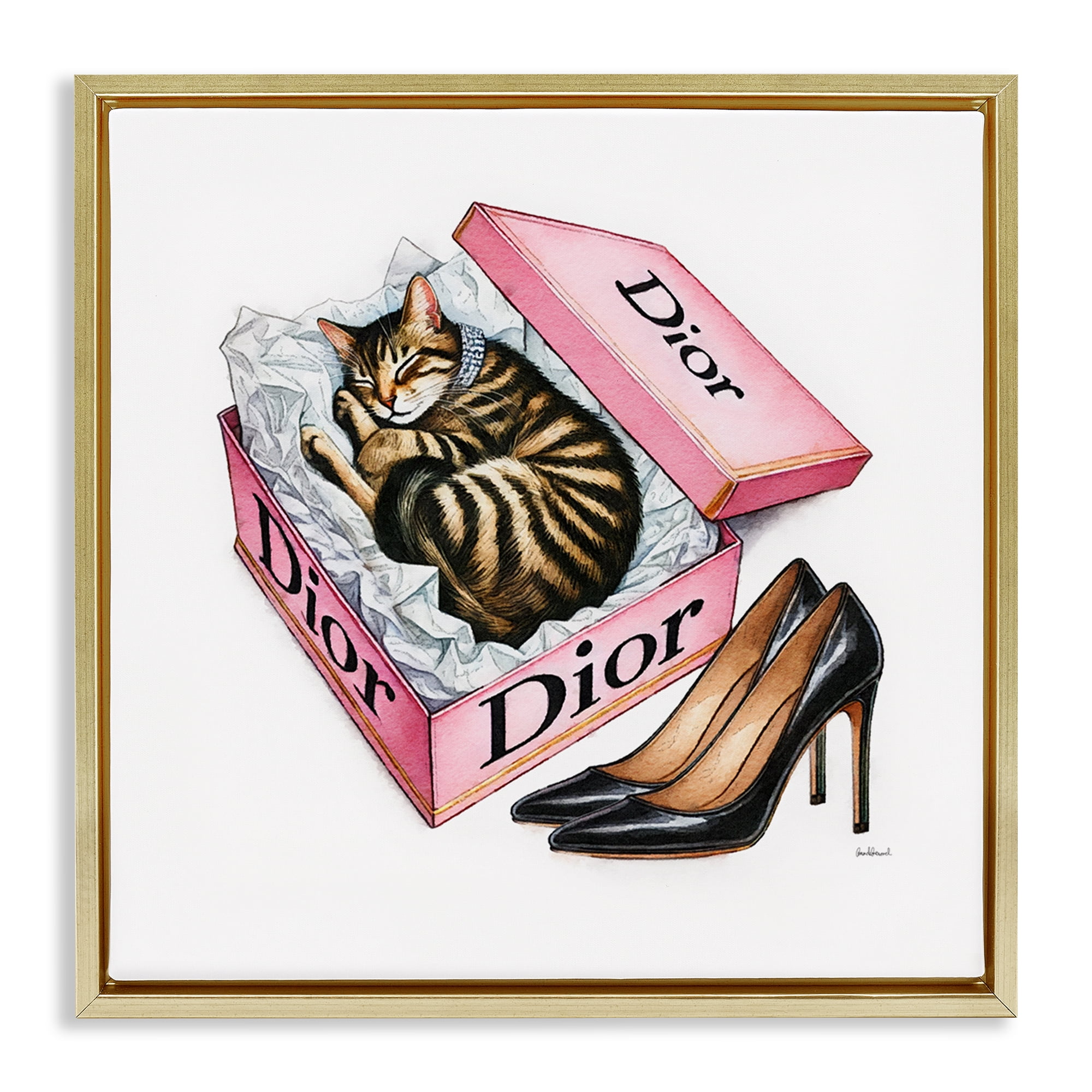 Stupell Industries Pink Shoebox with Kitten Animals Painting Gold Floater Framed Canvas Art Print Wall Art, 25 x 25