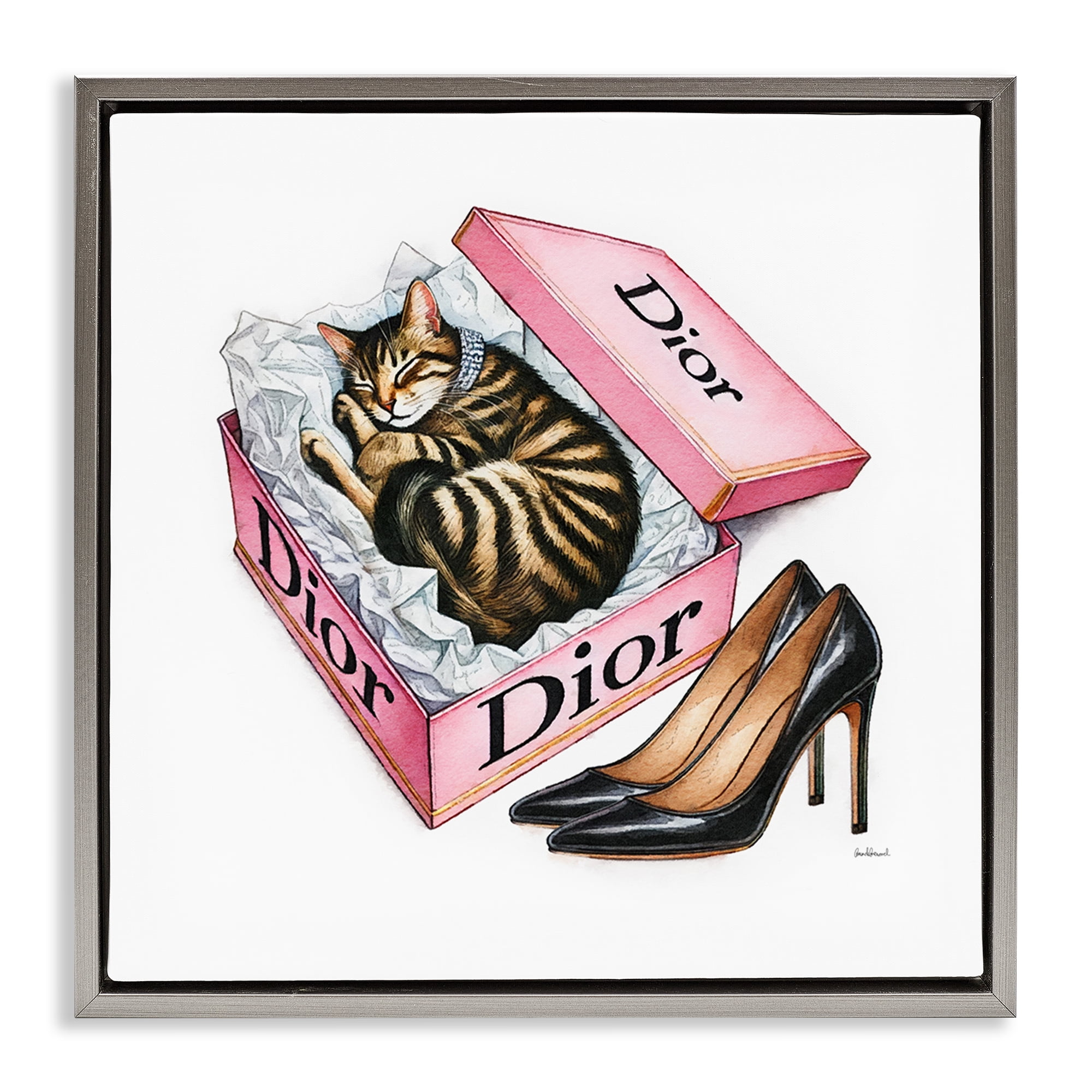 Stupell Industries Pink Shoebox with Kitten Animals Painting Gray Floater Framed Canvas Art Print Wall Art, 25 x 25