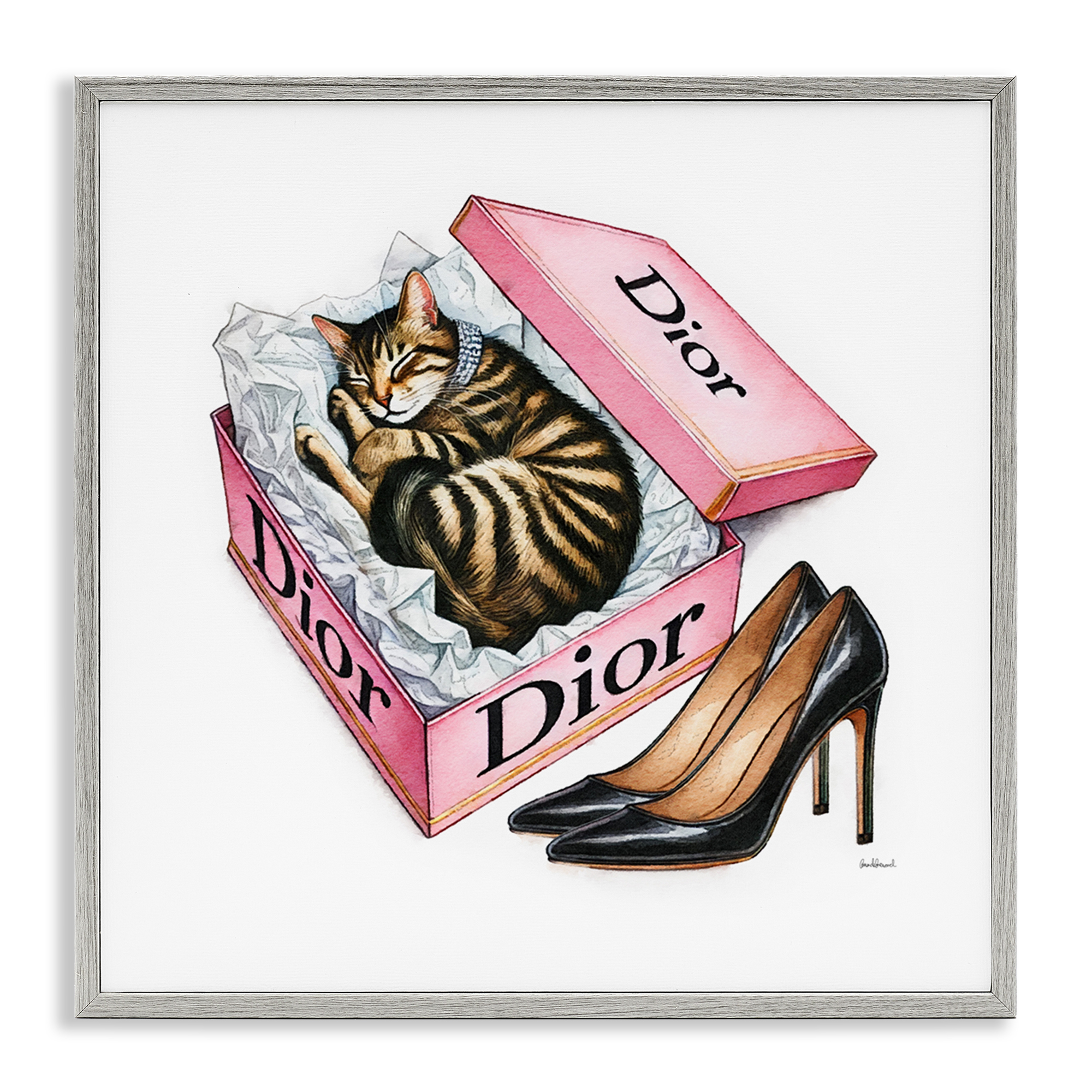 Stupell Industries Pink Shoebox with Kitten Animals Painting Gray Framed Art Print Wall Art, 24 x 24