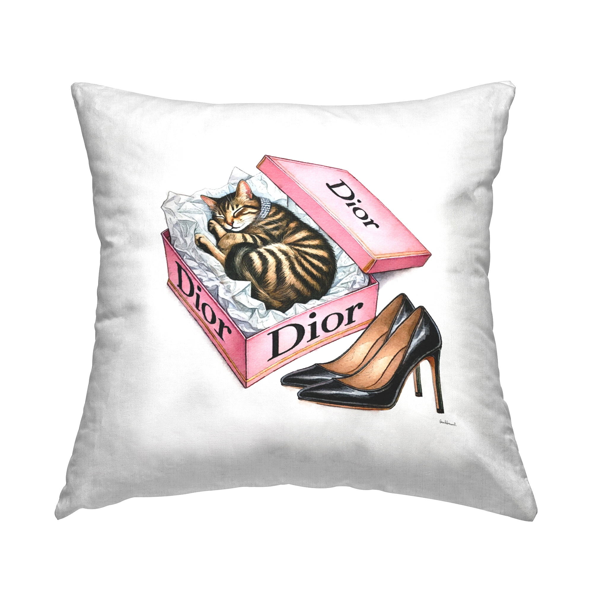 Stupell Industries Pink Shoebox with Kitten Decorative Printed Throw Pillow Design by Amanda Greenwood.